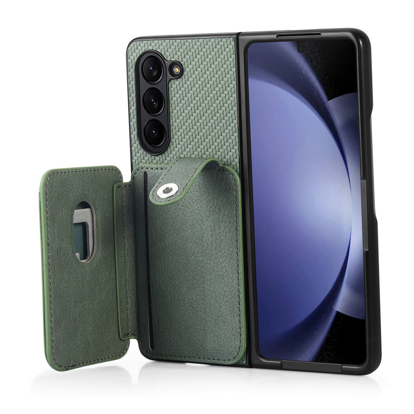 For Samsung Galaxy Z Fold6 5G Case Card Holder Leather Back Cover Carbon Fiber Texture - Green