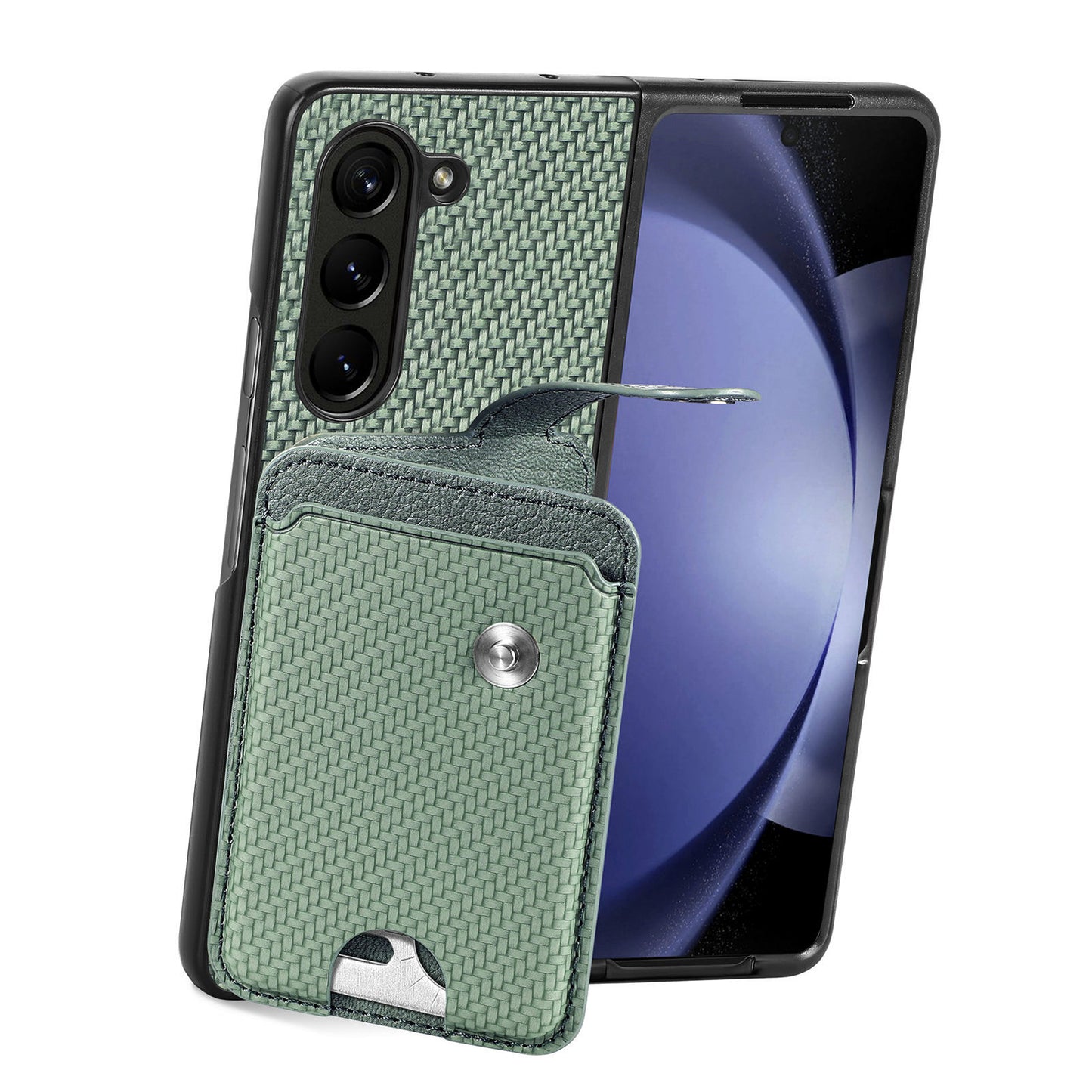 For Samsung Galaxy Z Fold6 5G Case Card Holder Leather Back Cover Carbon Fiber Texture - Green