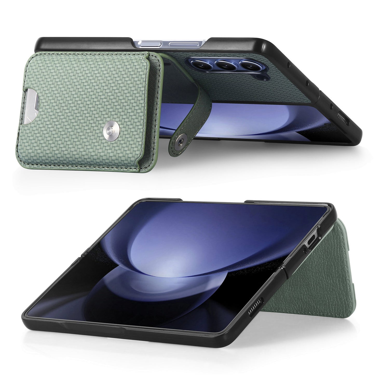 For Samsung Galaxy Z Fold6 5G Case Card Holder Leather Back Cover Carbon Fiber Texture - Green