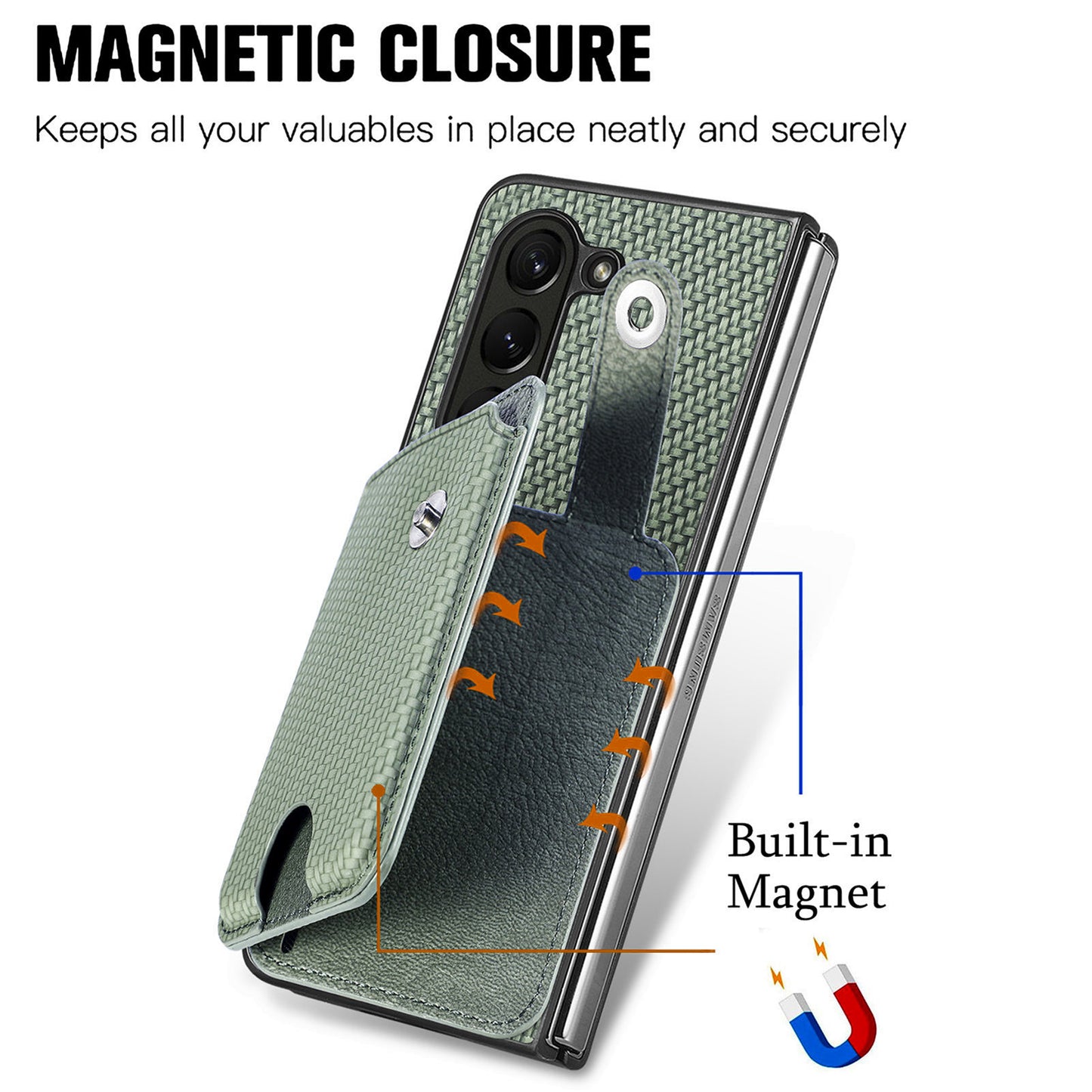 For Samsung Galaxy Z Fold6 5G Case Card Holder Leather Back Cover Carbon Fiber Texture - Green