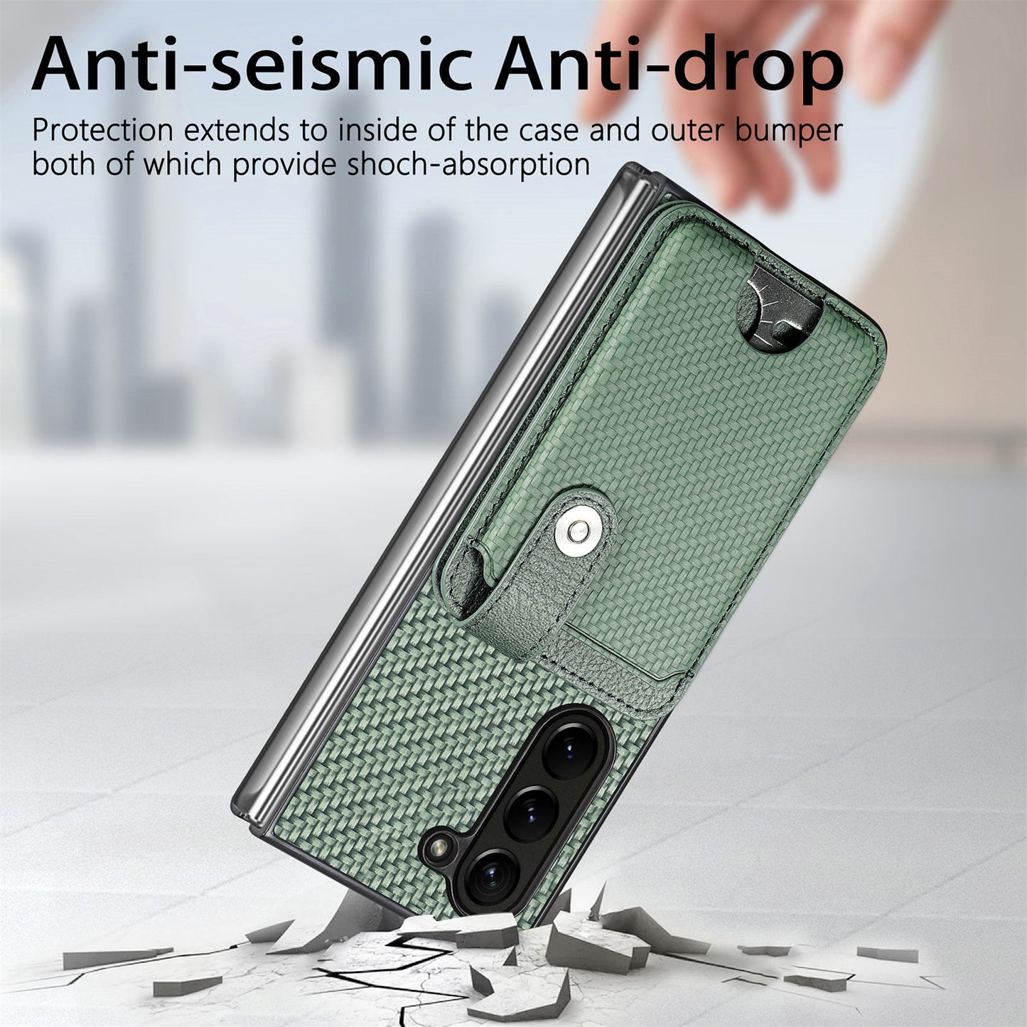 For Samsung Galaxy Z Fold6 5G Case Card Holder Leather Back Cover Carbon Fiber Texture - Green