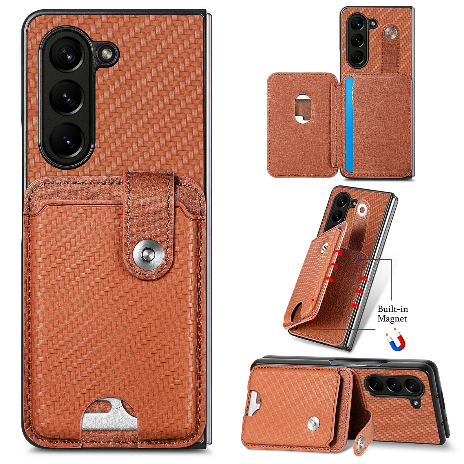 For Samsung Galaxy Z Fold6 5G Case Card Holder Leather Back Cover Carbon Fiber Texture - Brown