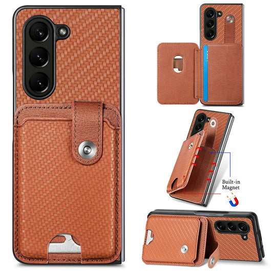 For Samsung Galaxy Z Fold6 5G Case Card Holder Leather Back Cover Carbon Fiber Texture - Brown