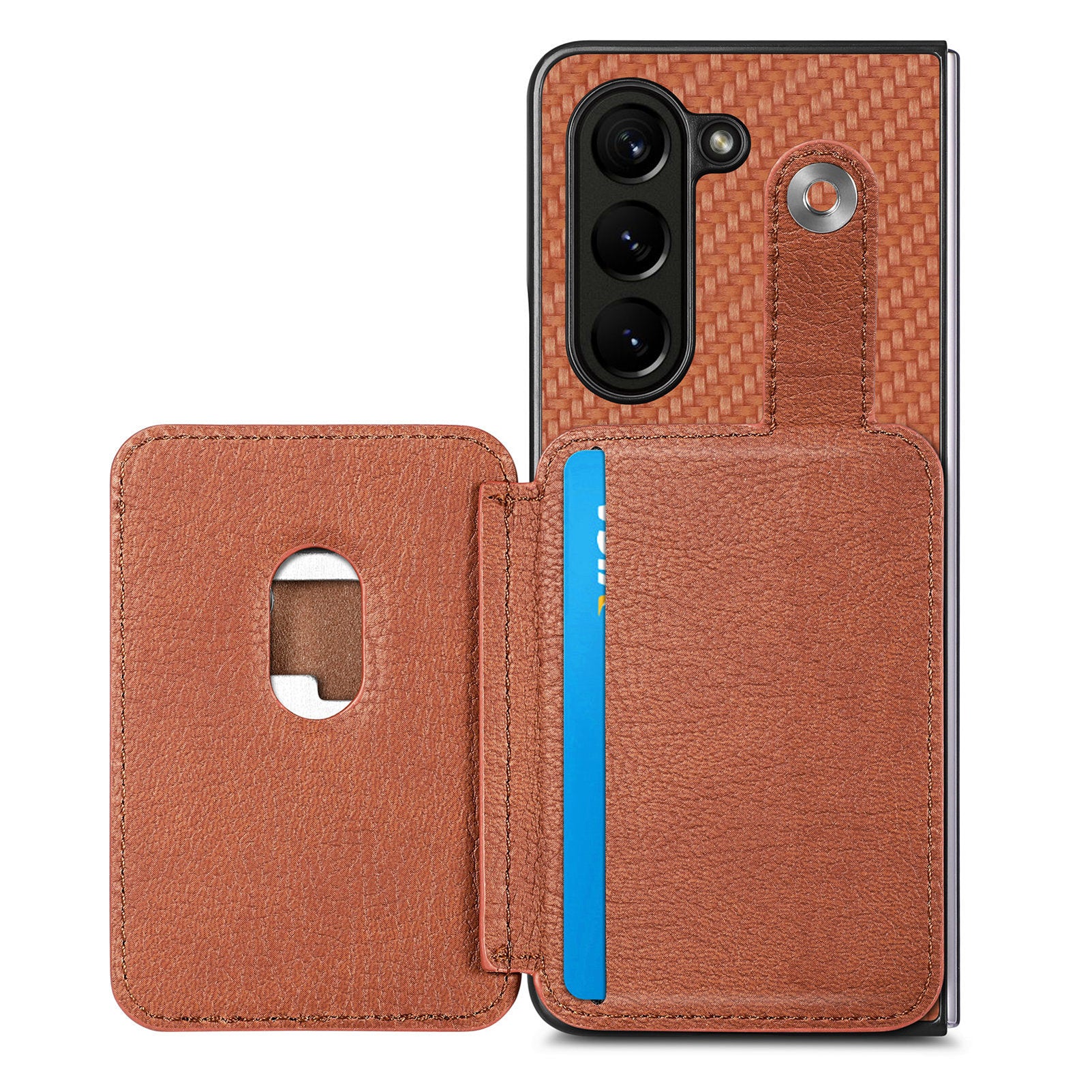 For Samsung Galaxy Z Fold6 5G Case Card Holder Leather Back Cover Carbon Fiber Texture - Brown