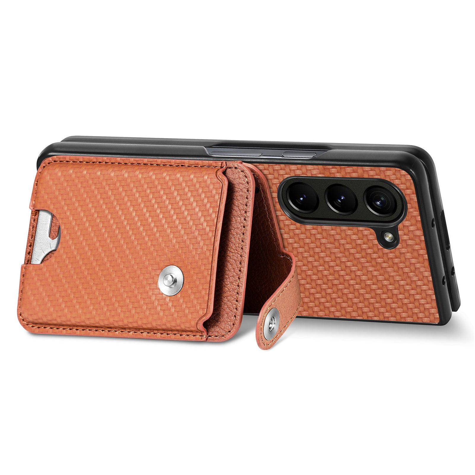 For Samsung Galaxy Z Fold6 5G Case Card Holder Leather Back Cover Carbon Fiber Texture - Brown