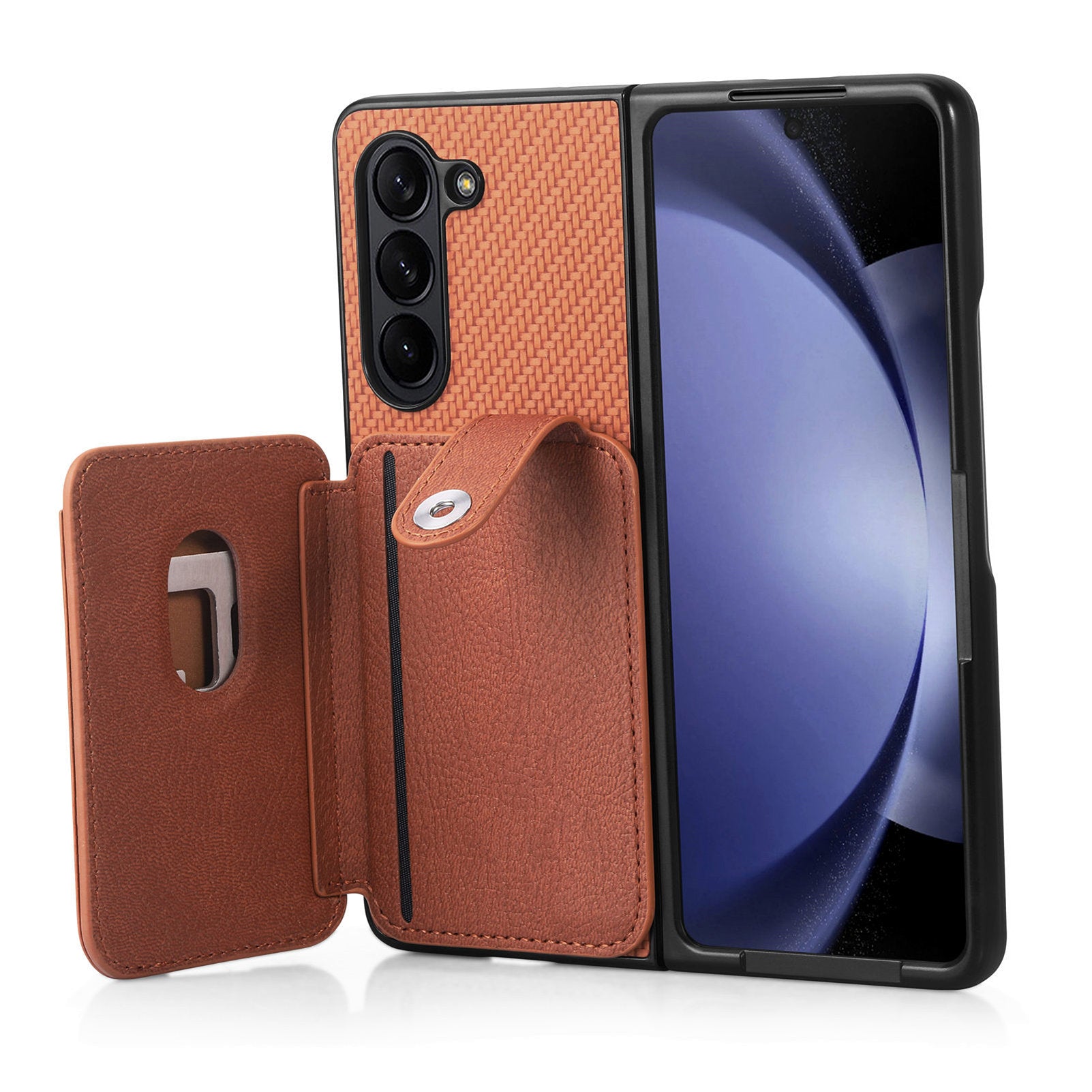 For Samsung Galaxy Z Fold6 5G Case Card Holder Leather Back Cover Carbon Fiber Texture - Brown