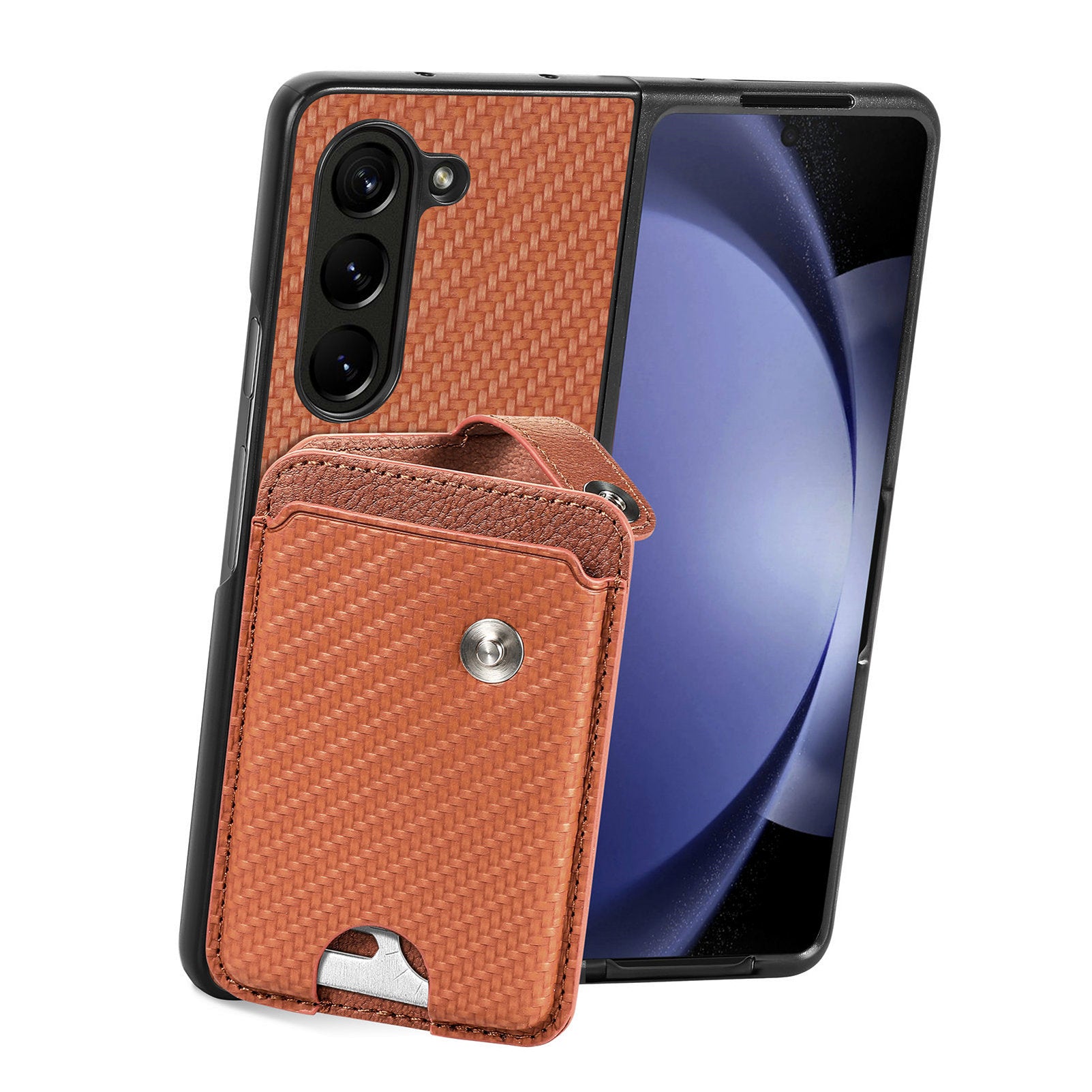 For Samsung Galaxy Z Fold6 5G Case Card Holder Leather Back Cover Carbon Fiber Texture - Brown