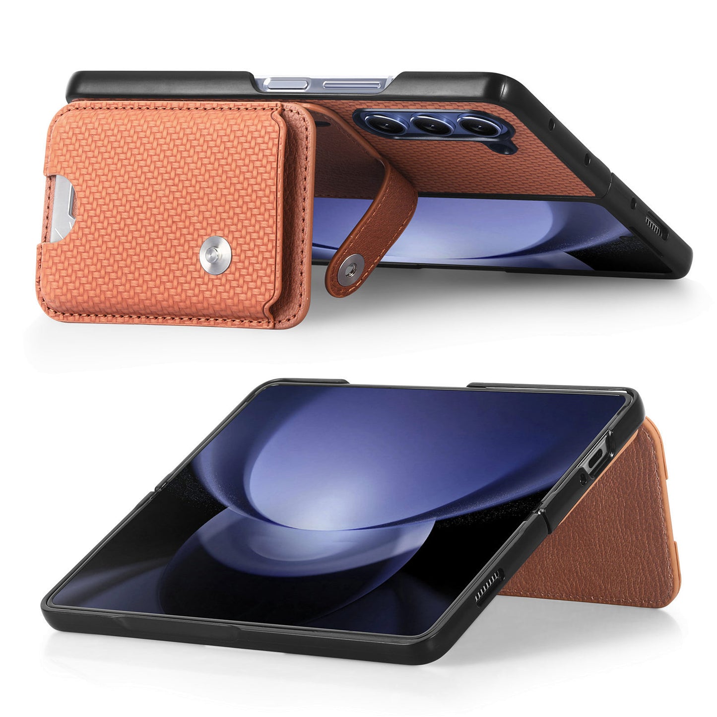 For Samsung Galaxy Z Fold6 5G Case Card Holder Leather Back Cover Carbon Fiber Texture - Brown