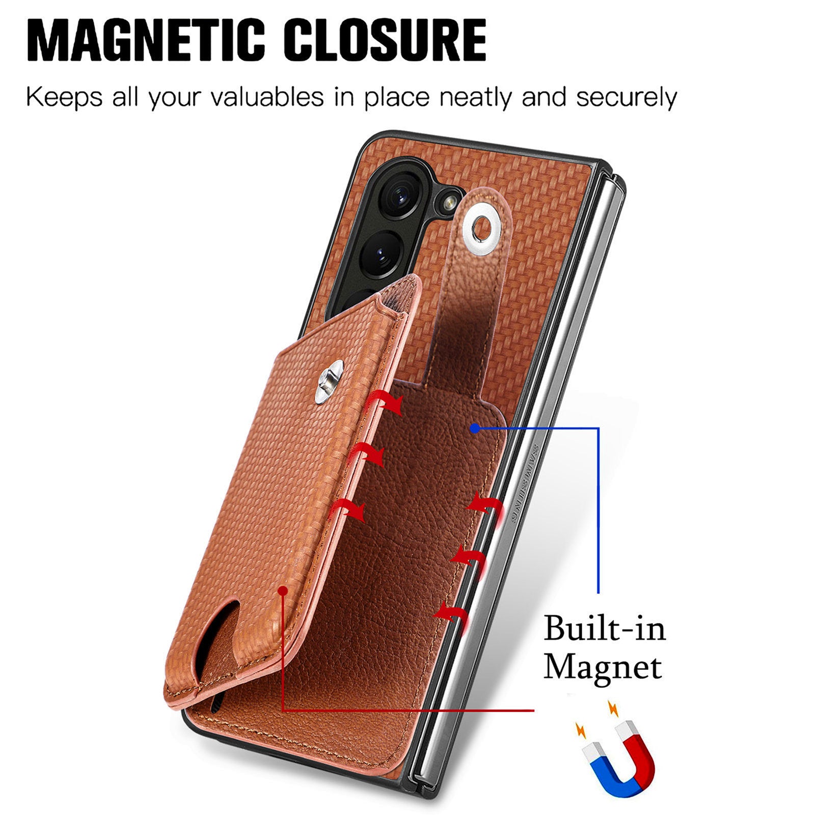 For Samsung Galaxy Z Fold6 5G Case Card Holder Leather Back Cover Carbon Fiber Texture - Brown