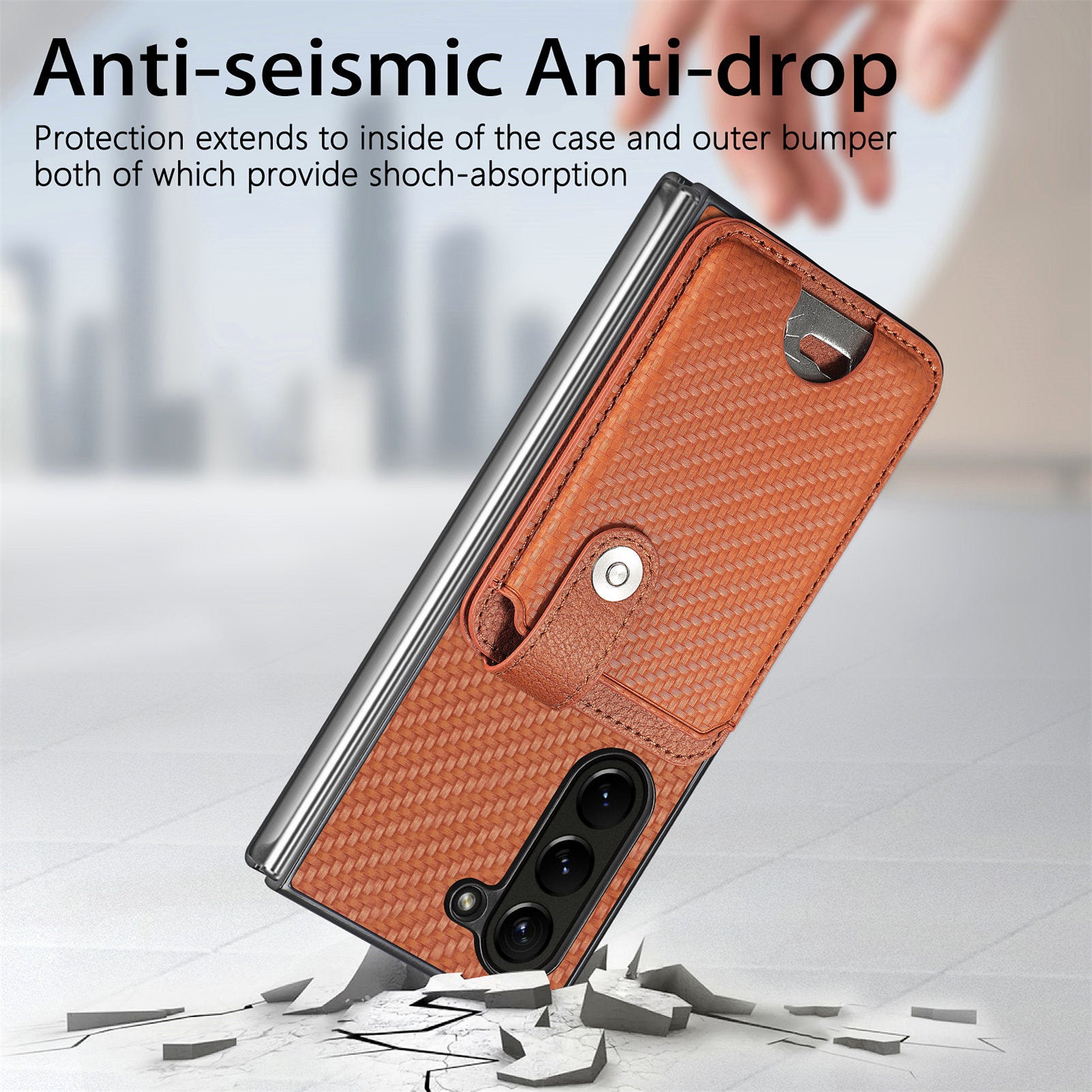 For Samsung Galaxy Z Fold6 5G Case Card Holder Leather Back Cover Carbon Fiber Texture - Brown