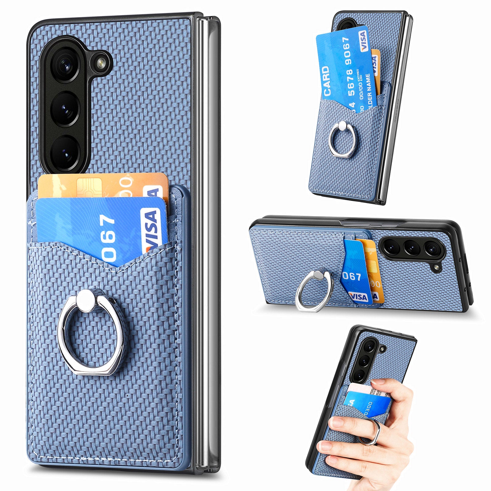 For Samsung Galaxy Z Fold6 5G Case Carbon Fiber Leather Back Cover Ring Holder Kickstand - Blue