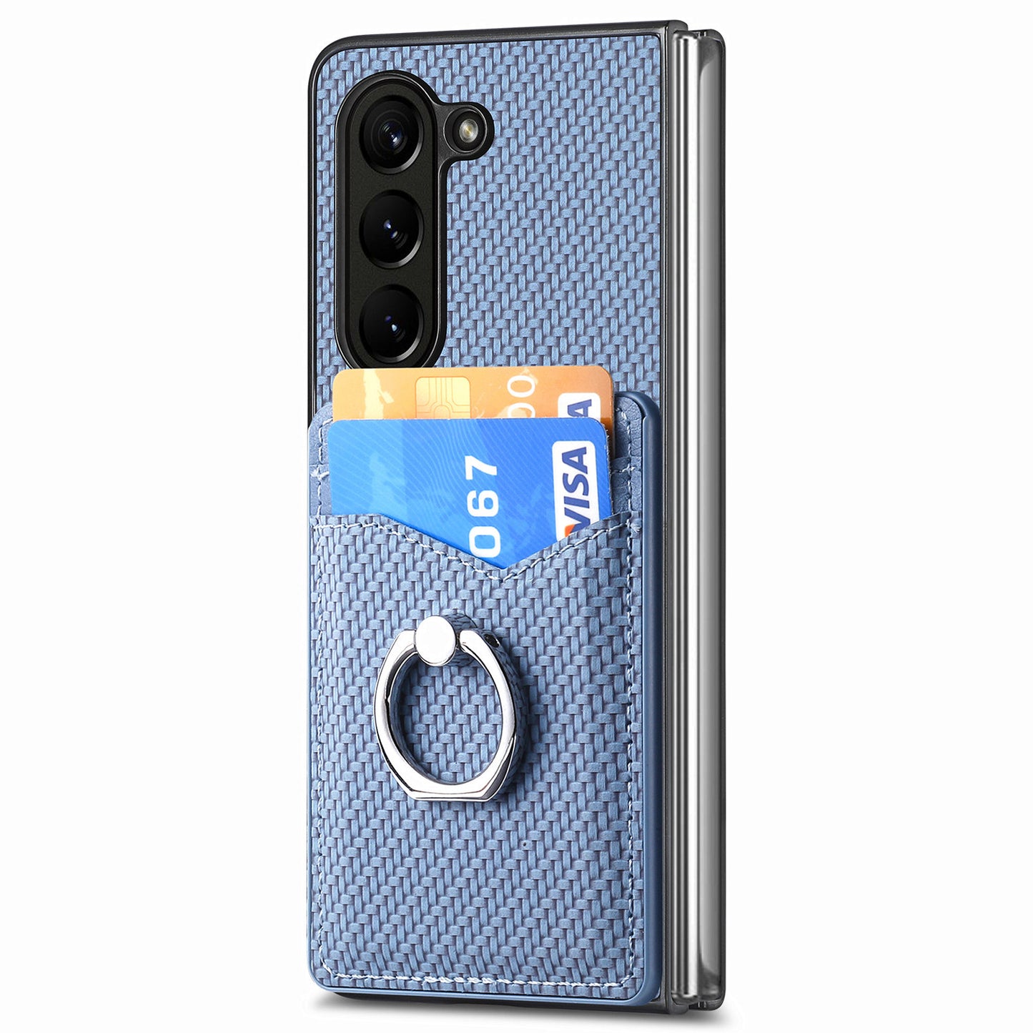 For Samsung Galaxy Z Fold6 5G Case Carbon Fiber Leather Back Cover Ring Holder Kickstand - Blue