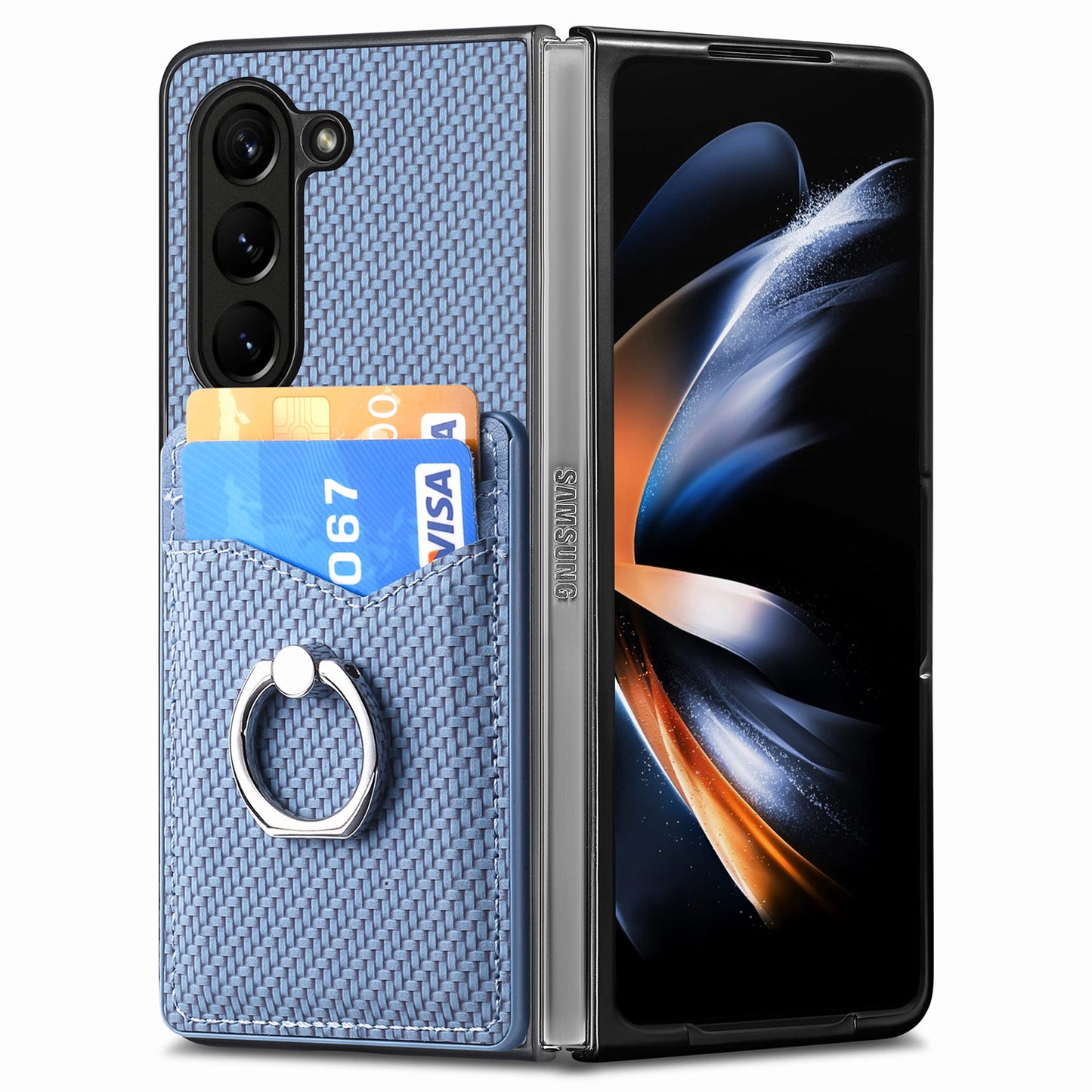 For Samsung Galaxy Z Fold6 5G Case Carbon Fiber Leather Back Cover Ring Holder Kickstand - Blue