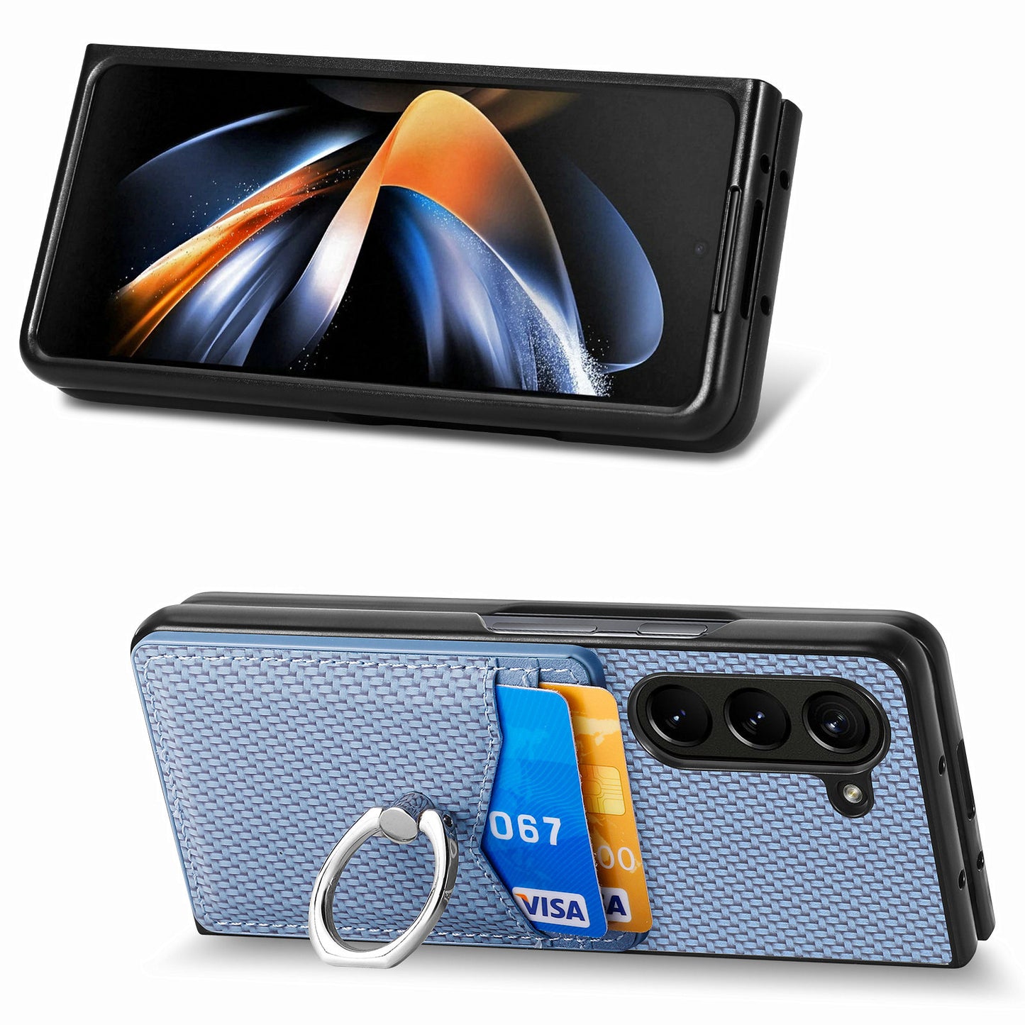 For Samsung Galaxy Z Fold6 5G Case Carbon Fiber Leather Back Cover Ring Holder Kickstand - Blue