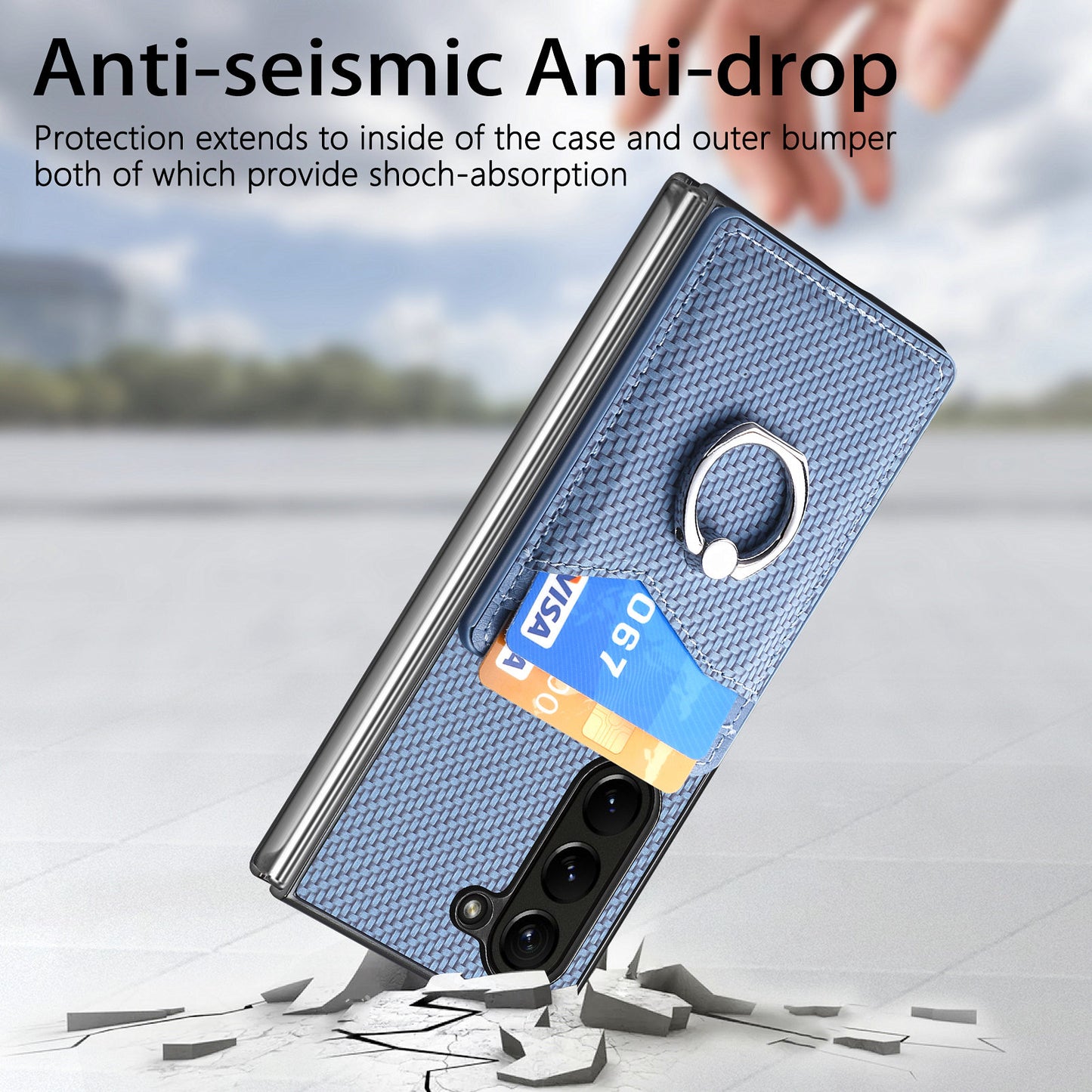For Samsung Galaxy Z Fold6 5G Case Carbon Fiber Leather Back Cover Ring Holder Kickstand - Blue