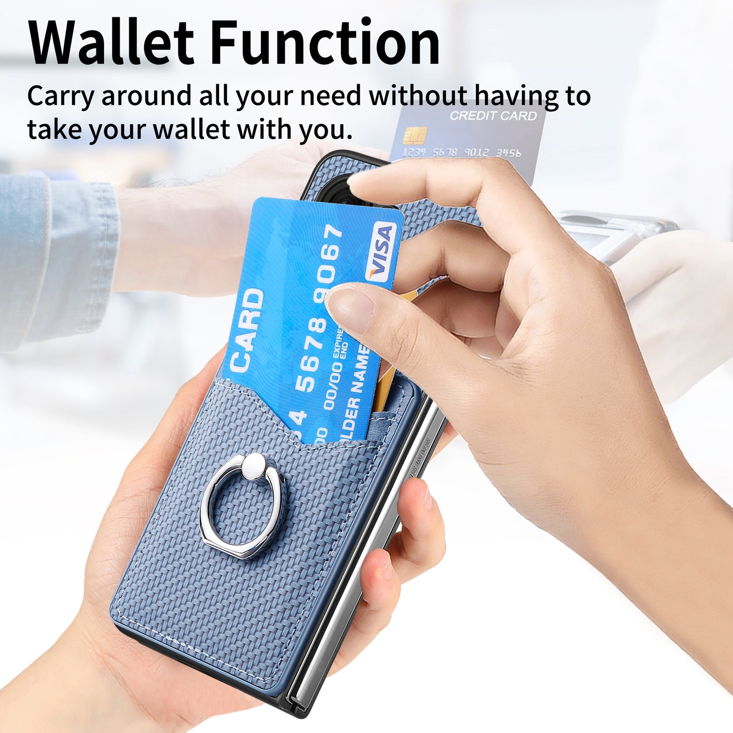 For Samsung Galaxy Z Fold6 5G Case Carbon Fiber Leather Back Cover Ring Holder Kickstand - Blue