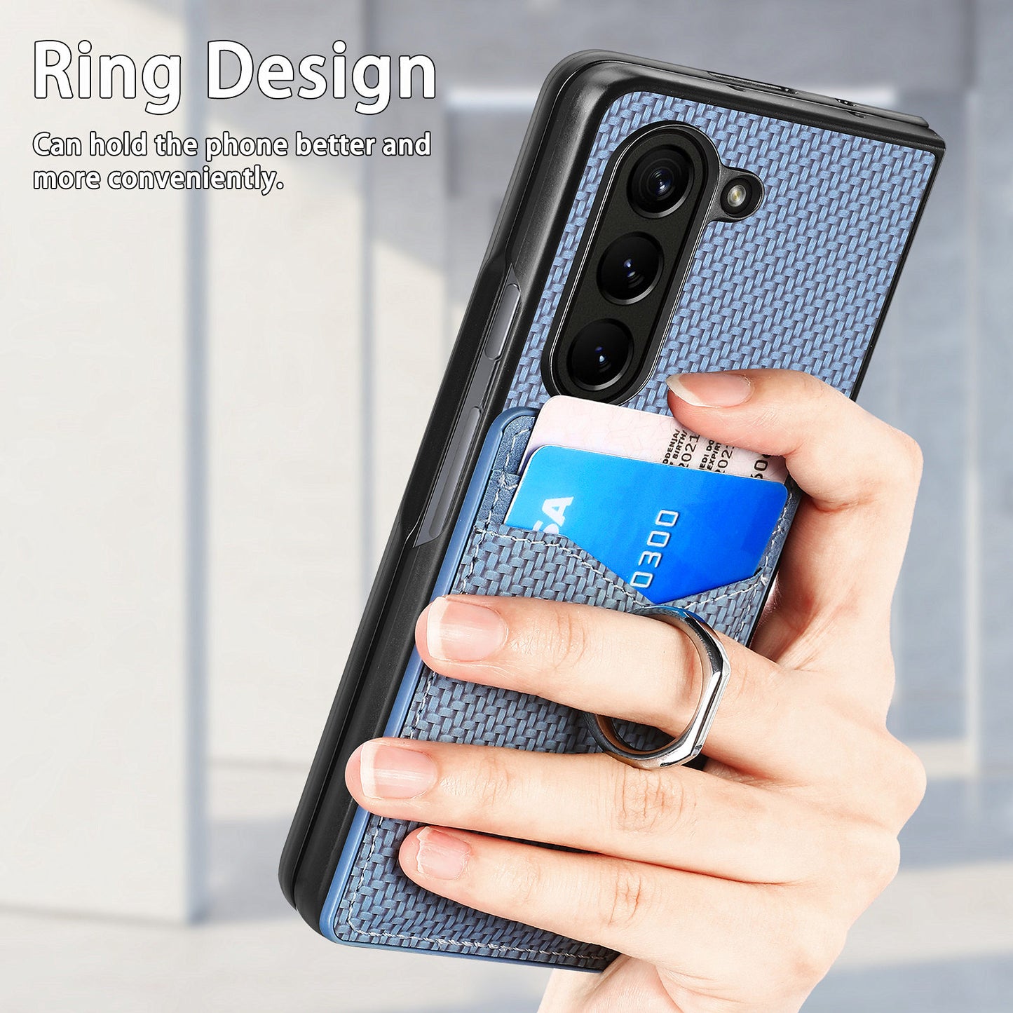 For Samsung Galaxy Z Fold6 5G Case Carbon Fiber Leather Back Cover Ring Holder Kickstand - Blue