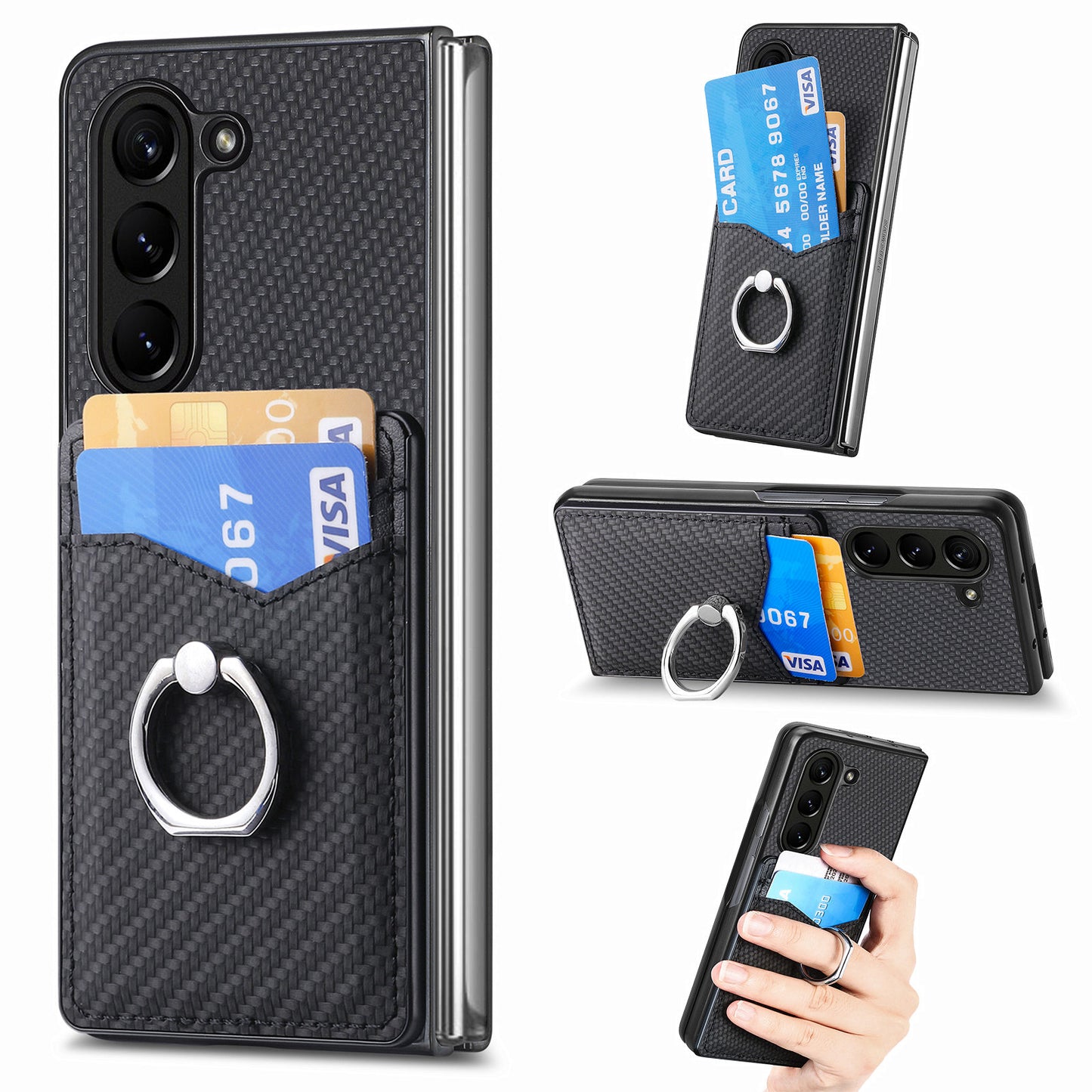 For Samsung Galaxy Z Fold6 5G Case Carbon Fiber Leather Back Cover Ring Holder Kickstand - Black
