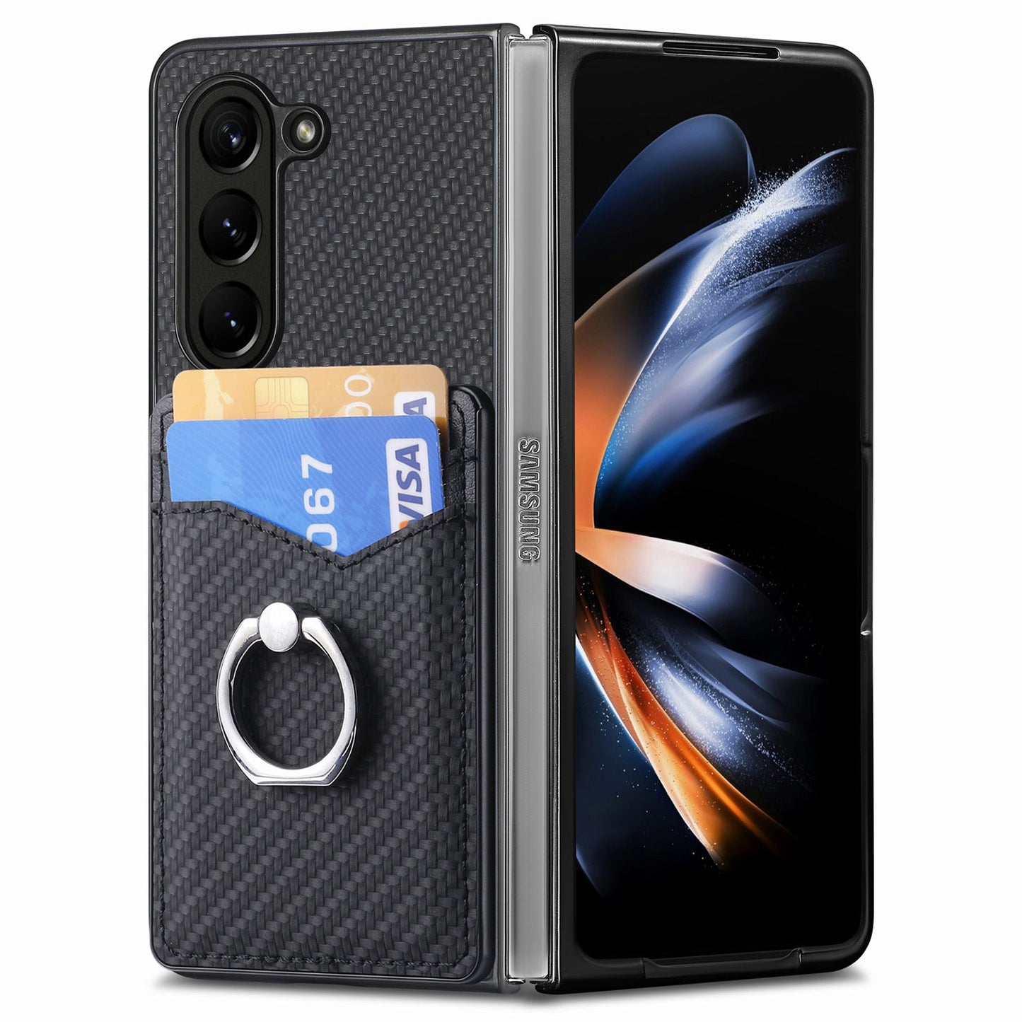 For Samsung Galaxy Z Fold6 5G Case Carbon Fiber Leather Back Cover Ring Holder Kickstand - Black
