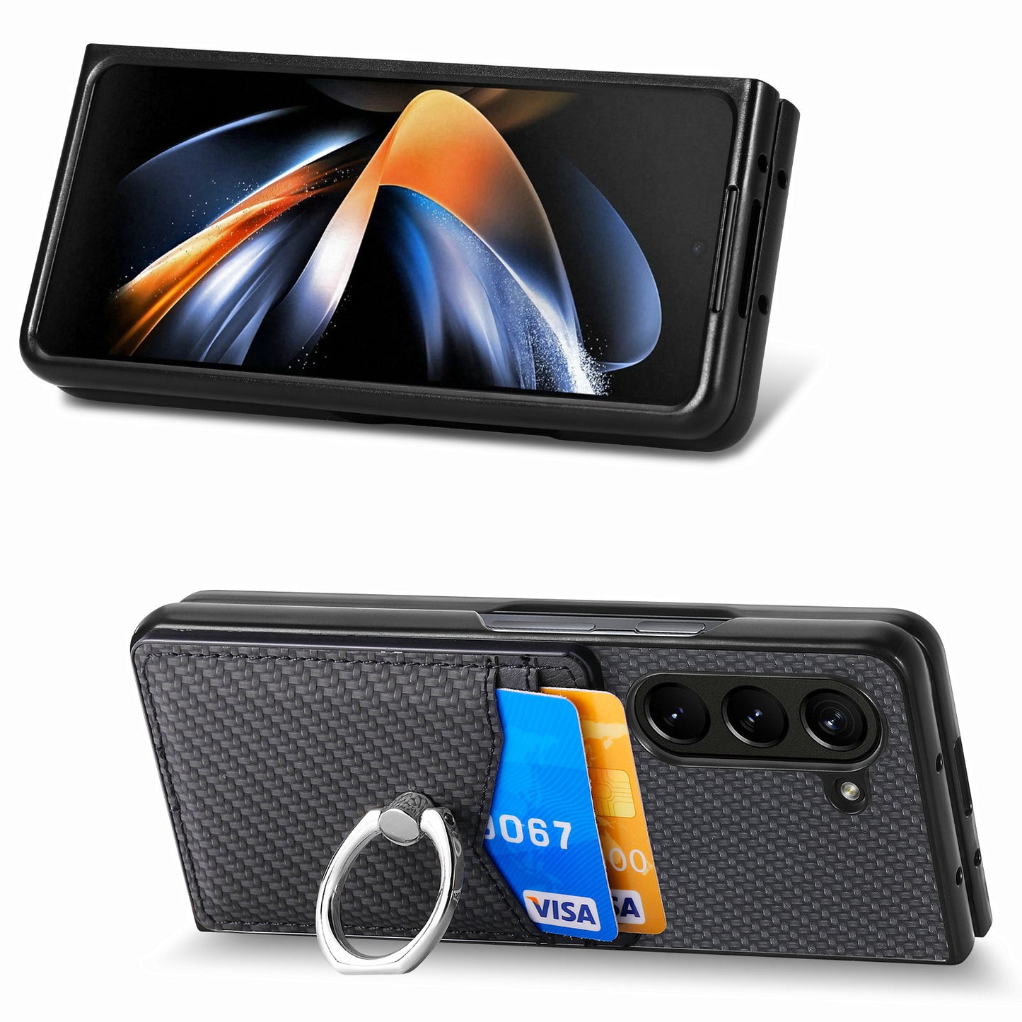 For Samsung Galaxy Z Fold6 5G Case Carbon Fiber Leather Back Cover Ring Holder Kickstand - Black