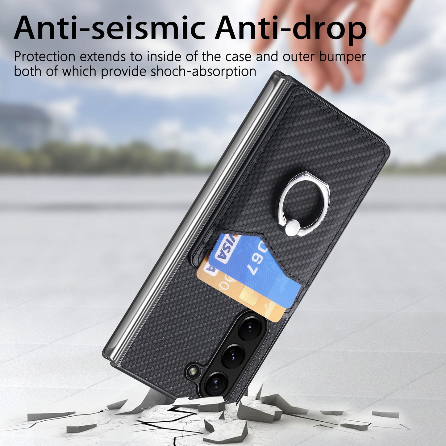 For Samsung Galaxy Z Fold6 5G Case Carbon Fiber Leather Back Cover Ring Holder Kickstand - Black