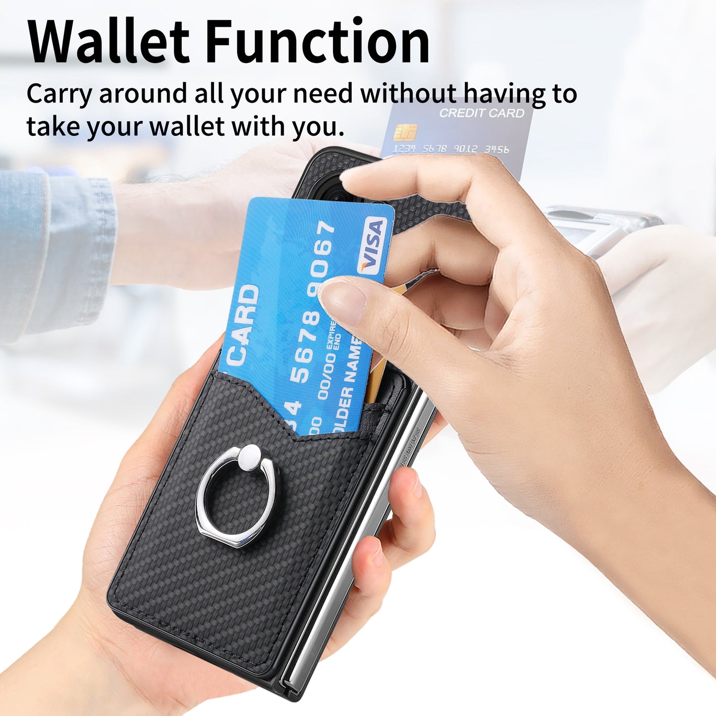 For Samsung Galaxy Z Fold6 5G Case Carbon Fiber Leather Back Cover Ring Holder Kickstand - Black