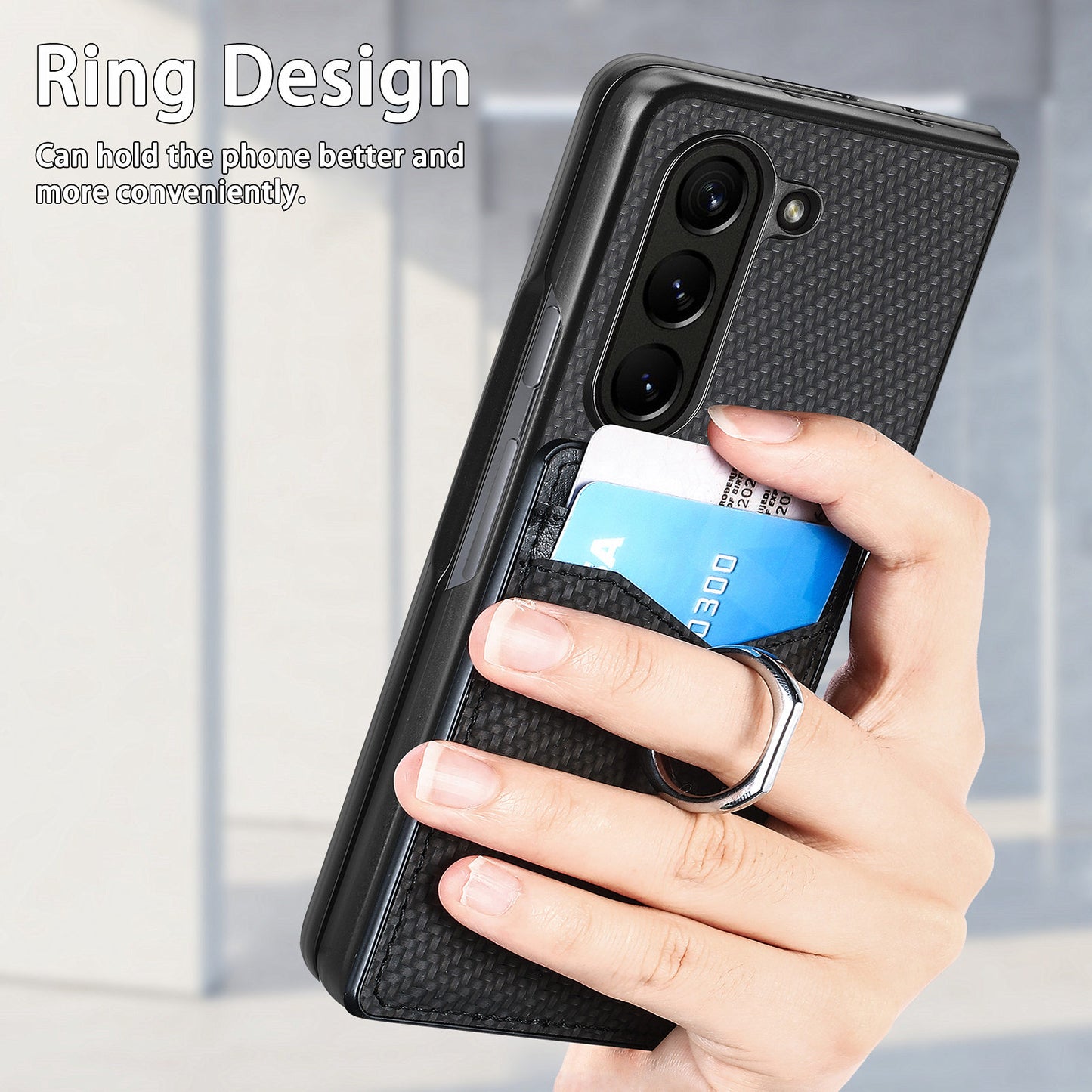 For Samsung Galaxy Z Fold6 5G Case Carbon Fiber Leather Back Cover Ring Holder Kickstand - Black