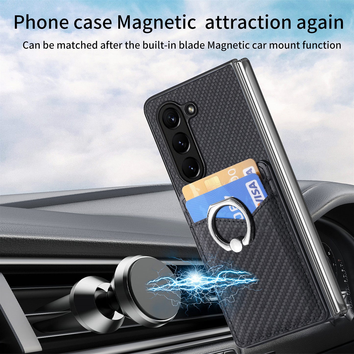 For Samsung Galaxy Z Fold6 5G Case Carbon Fiber Leather Back Cover Ring Holder Kickstand - Black
