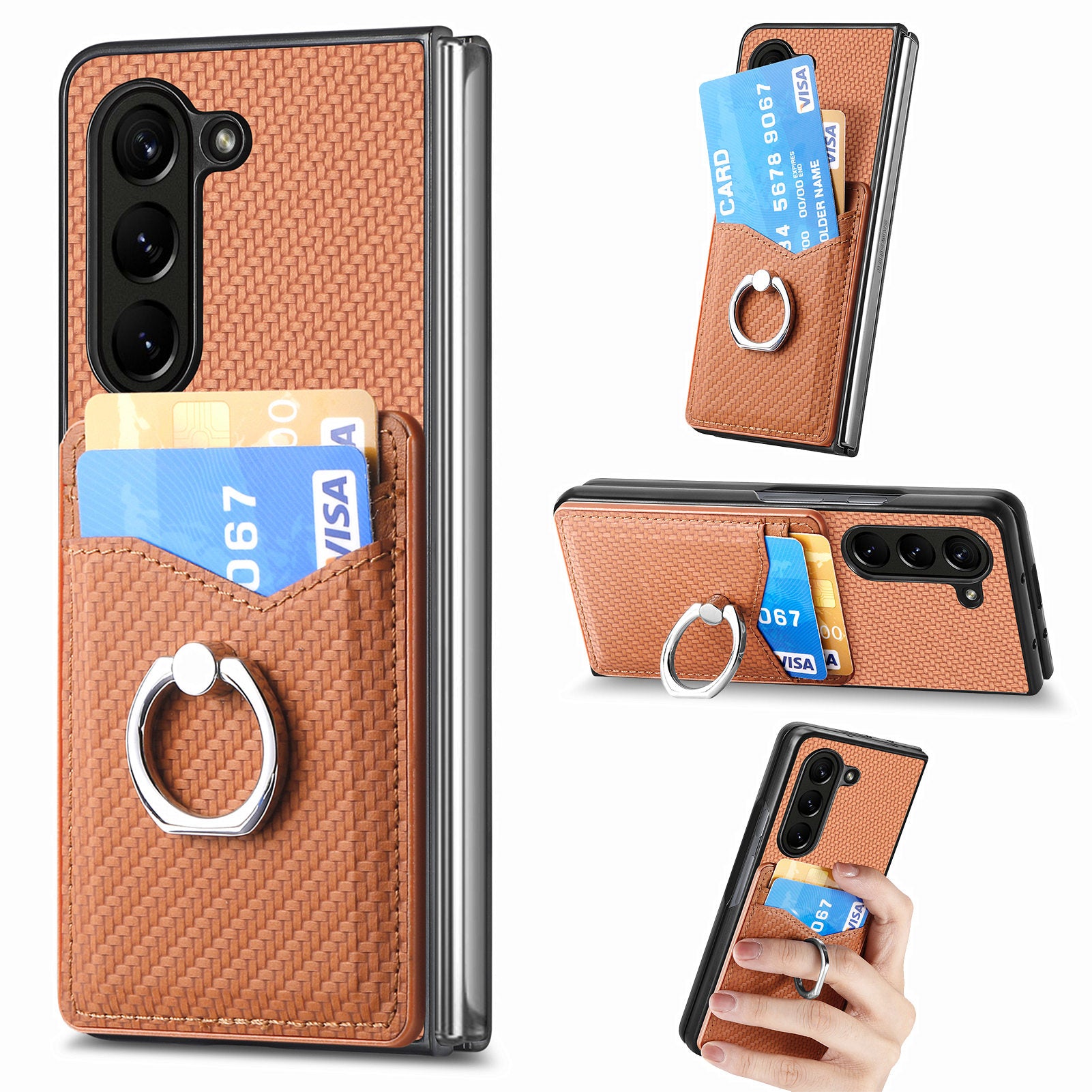 For Samsung Galaxy Z Fold6 5G Case Carbon Fiber Leather Back Cover Ring Holder Kickstand - Brown