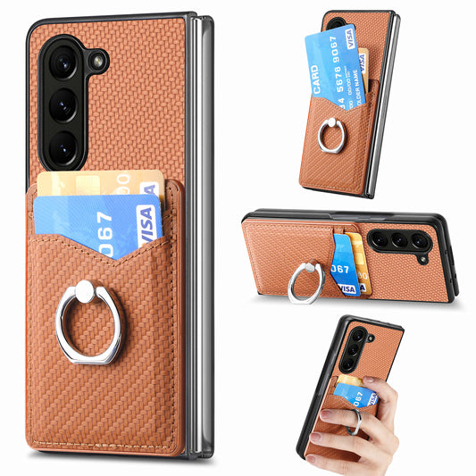 For Samsung Galaxy Z Fold6 5G Case Carbon Fiber Leather Back Cover Ring Holder Kickstand - Brown