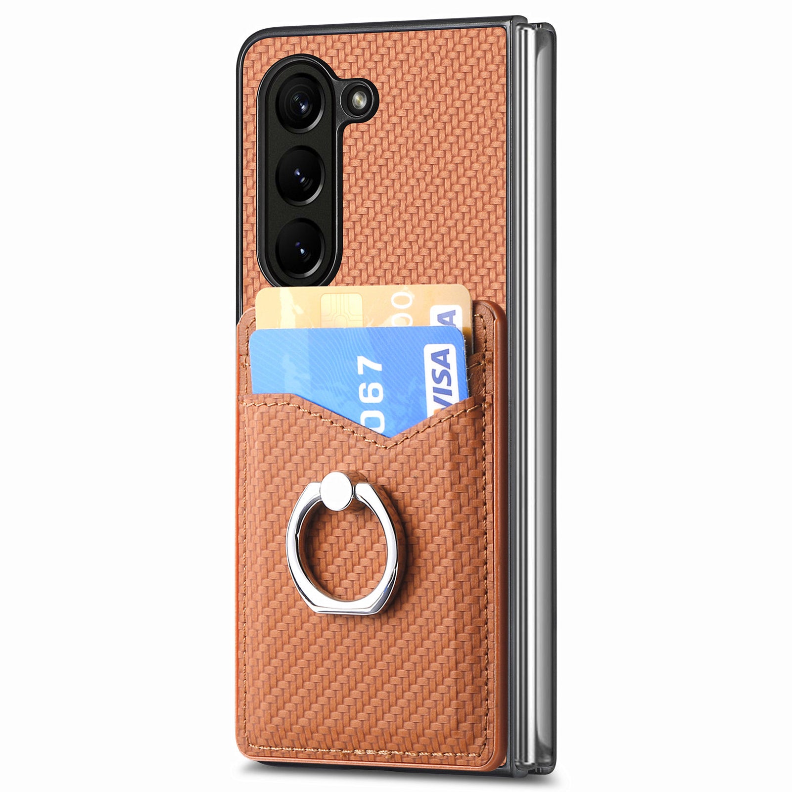For Samsung Galaxy Z Fold6 5G Case Carbon Fiber Leather Back Cover Ring Holder Kickstand - Brown