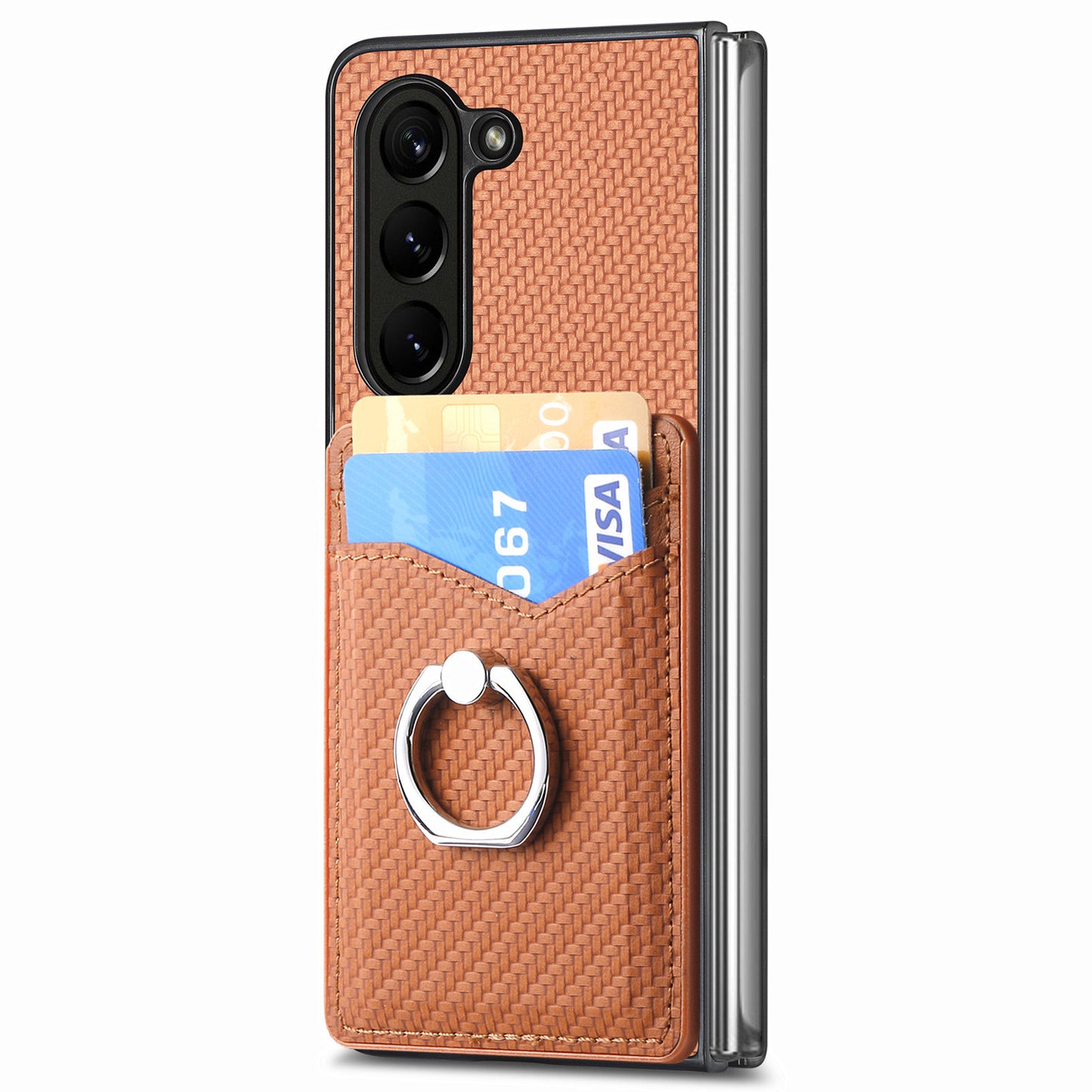 For Samsung Galaxy Z Fold6 5G Case Carbon Fiber Leather Back Cover Ring Holder Kickstand - Brown