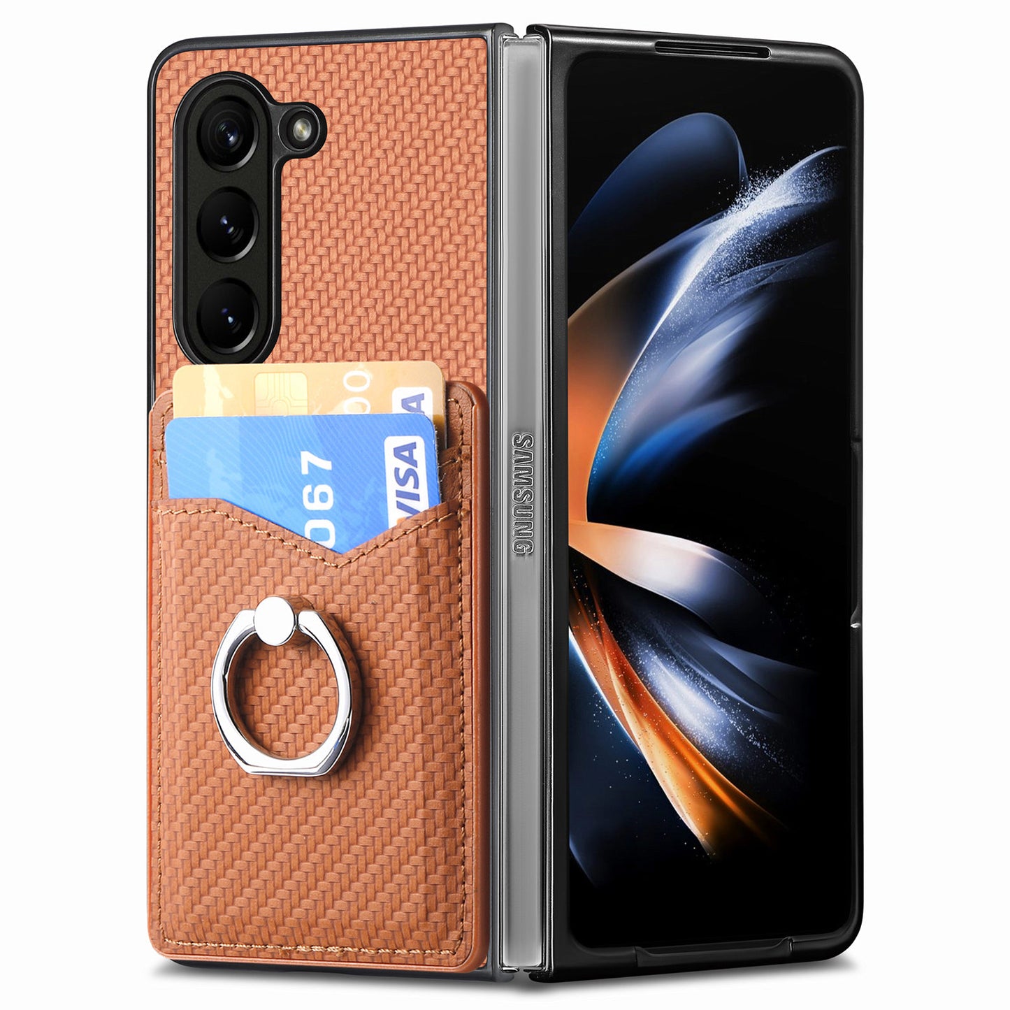 For Samsung Galaxy Z Fold6 5G Case Carbon Fiber Leather Back Cover Ring Holder Kickstand - Brown