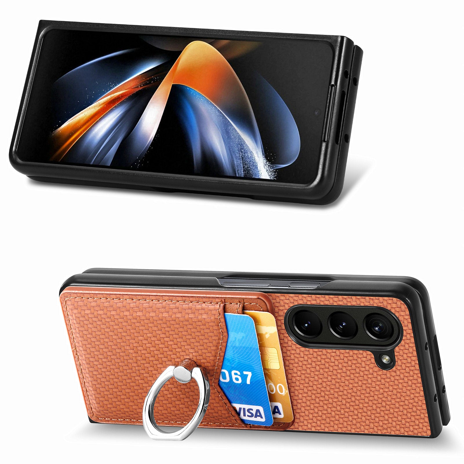 For Samsung Galaxy Z Fold6 5G Case Carbon Fiber Leather Back Cover Ring Holder Kickstand - Brown