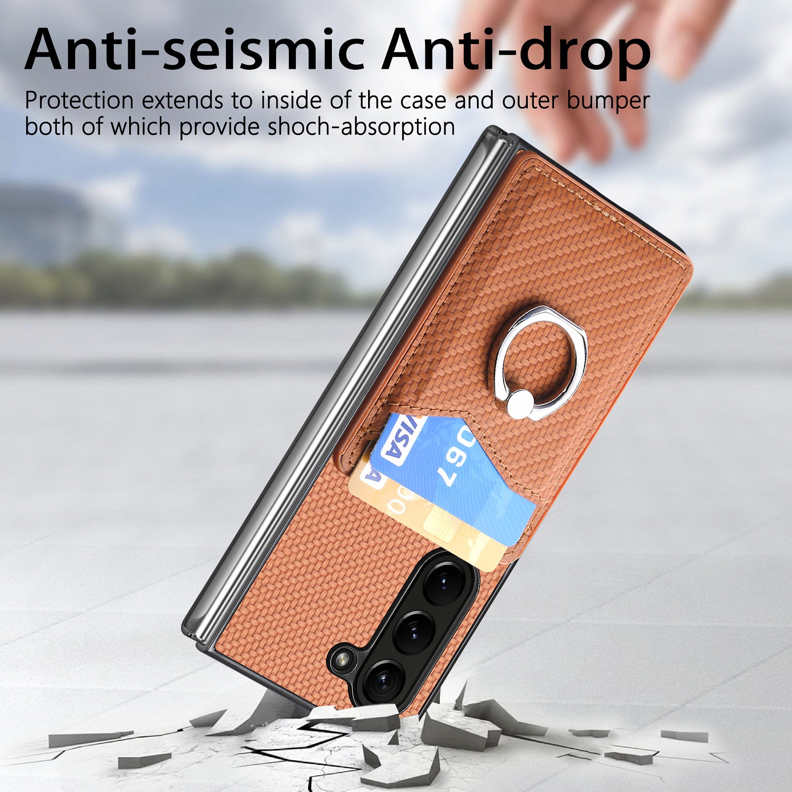 For Samsung Galaxy Z Fold6 5G Case Carbon Fiber Leather Back Cover Ring Holder Kickstand - Brown