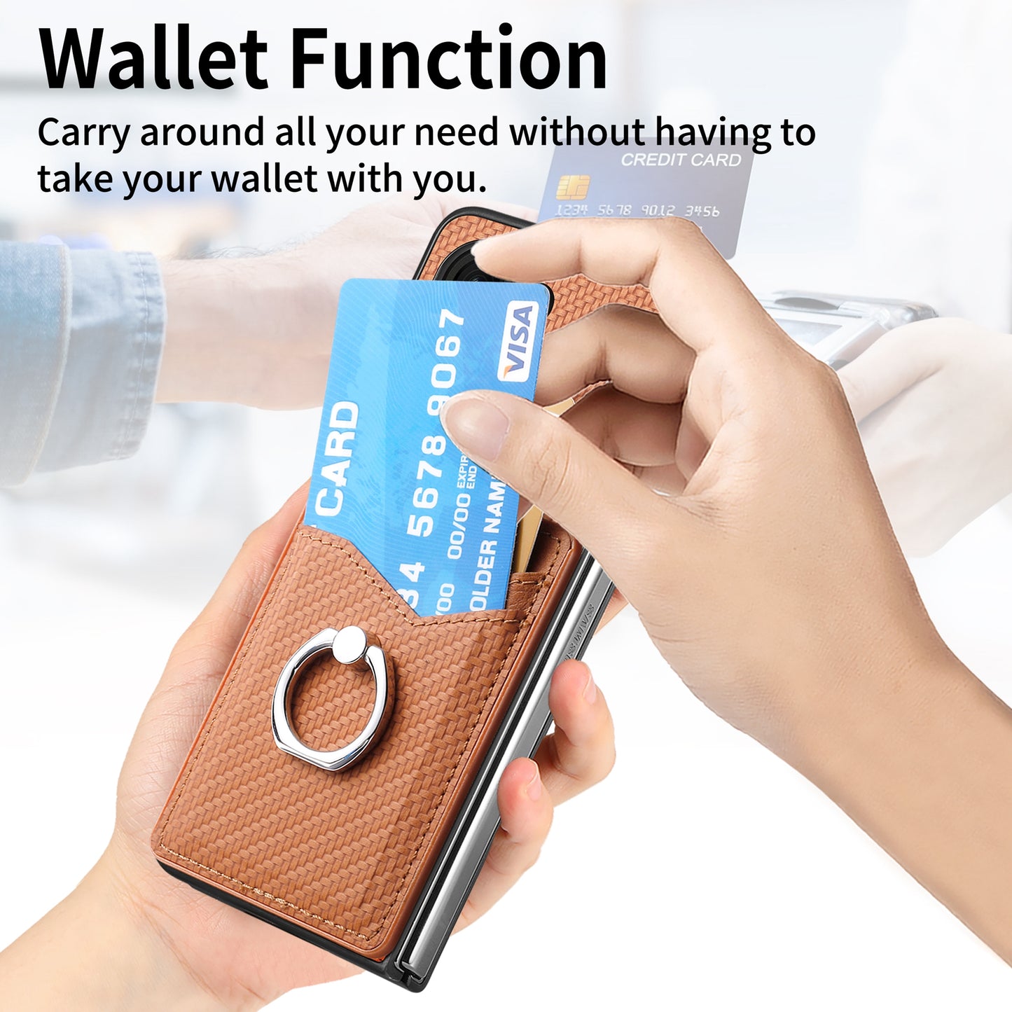 For Samsung Galaxy Z Fold6 5G Case Carbon Fiber Leather Back Cover Ring Holder Kickstand - Brown