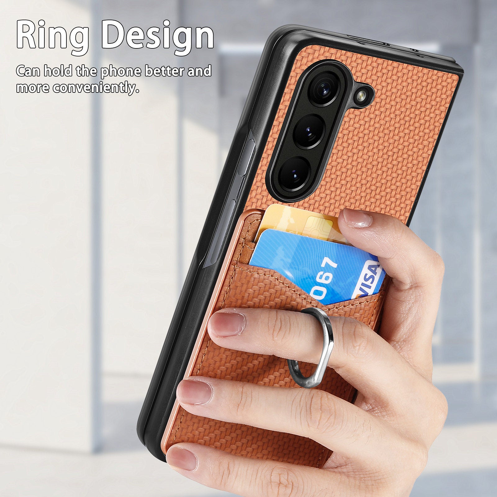 For Samsung Galaxy Z Fold6 5G Case Carbon Fiber Leather Back Cover Ring Holder Kickstand - Brown