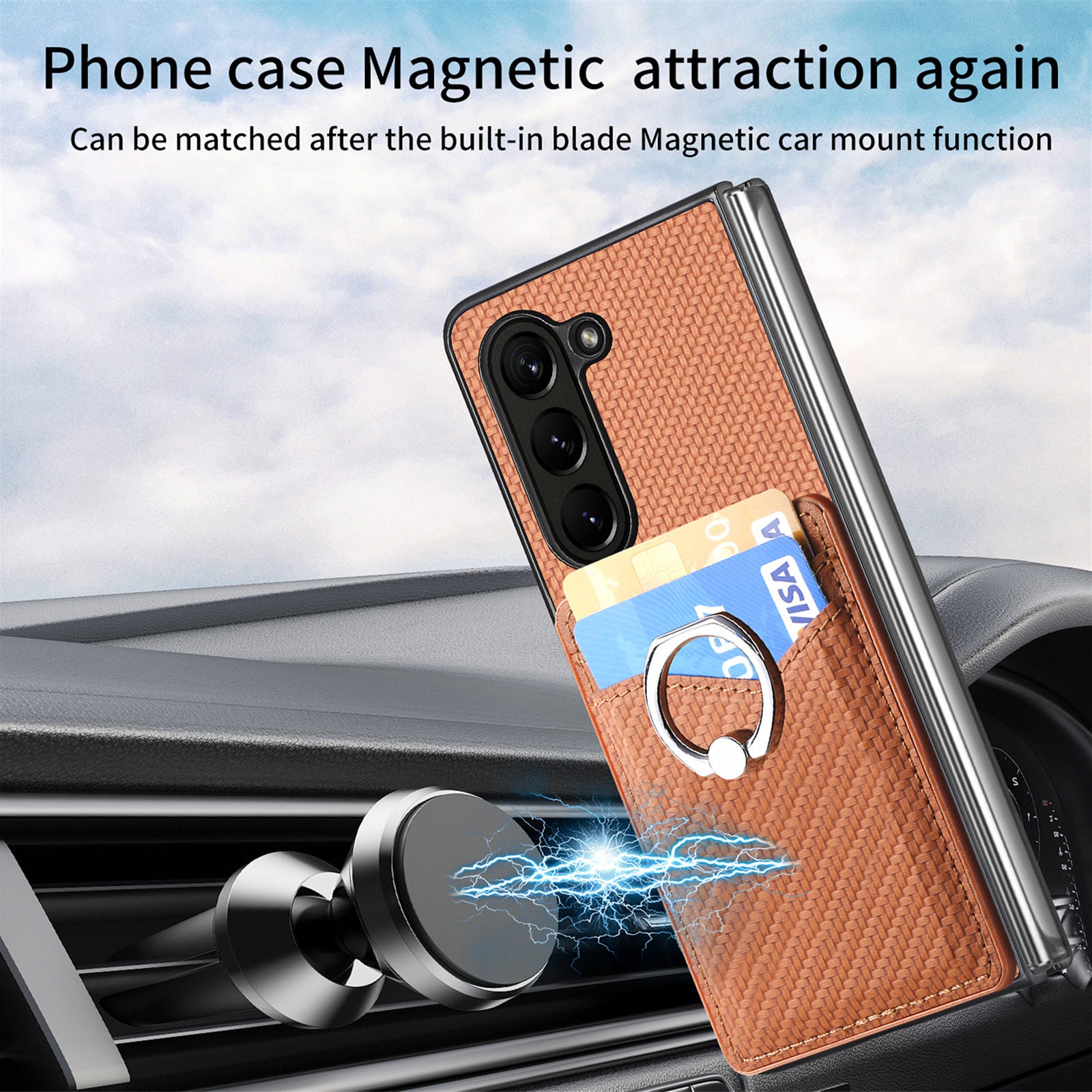 For Samsung Galaxy Z Fold6 5G Case Carbon Fiber Leather Back Cover Ring Holder Kickstand - Brown