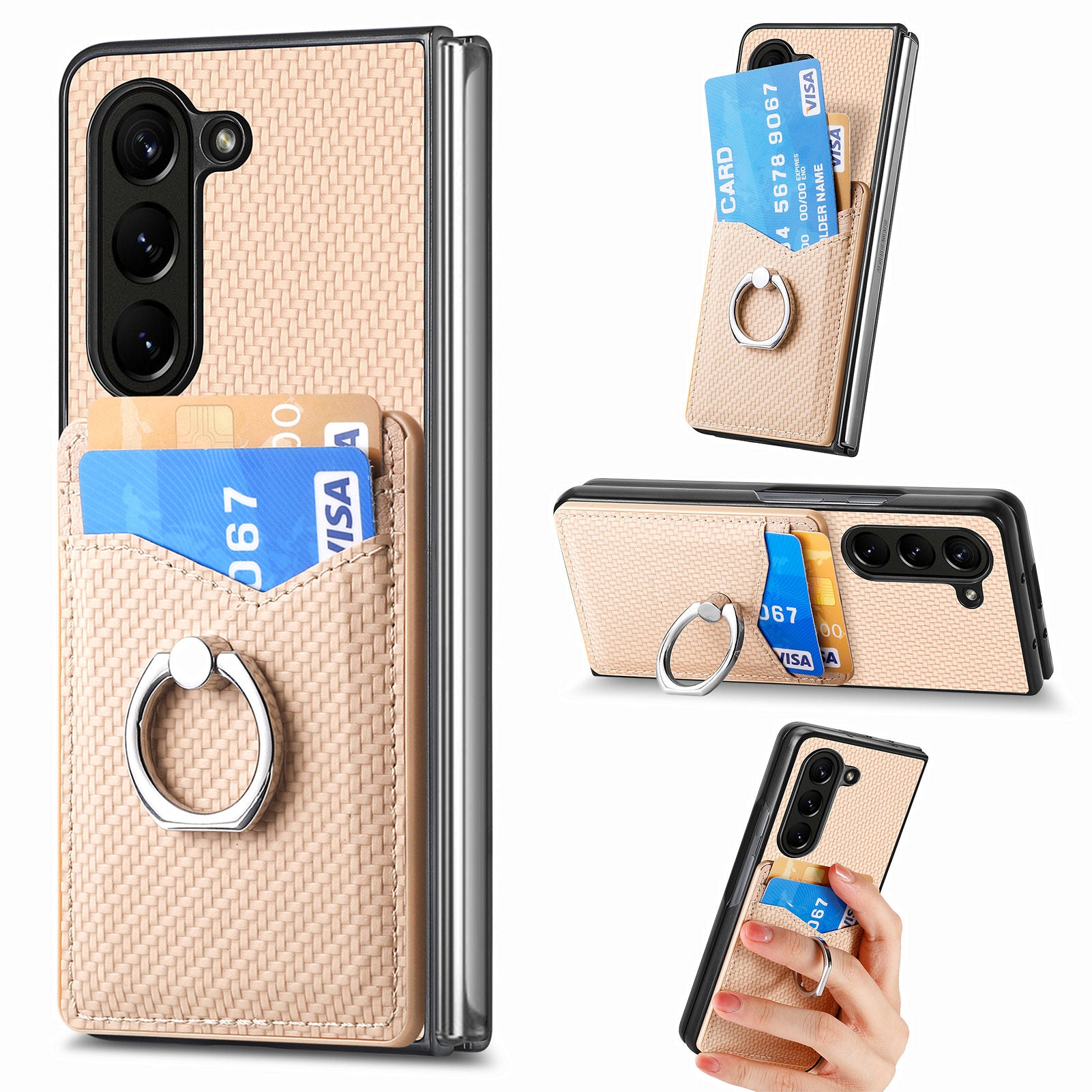 For Samsung Galaxy Z Fold6 5G Case Carbon Fiber Leather Back Cover Ring Holder Kickstand - Khaki