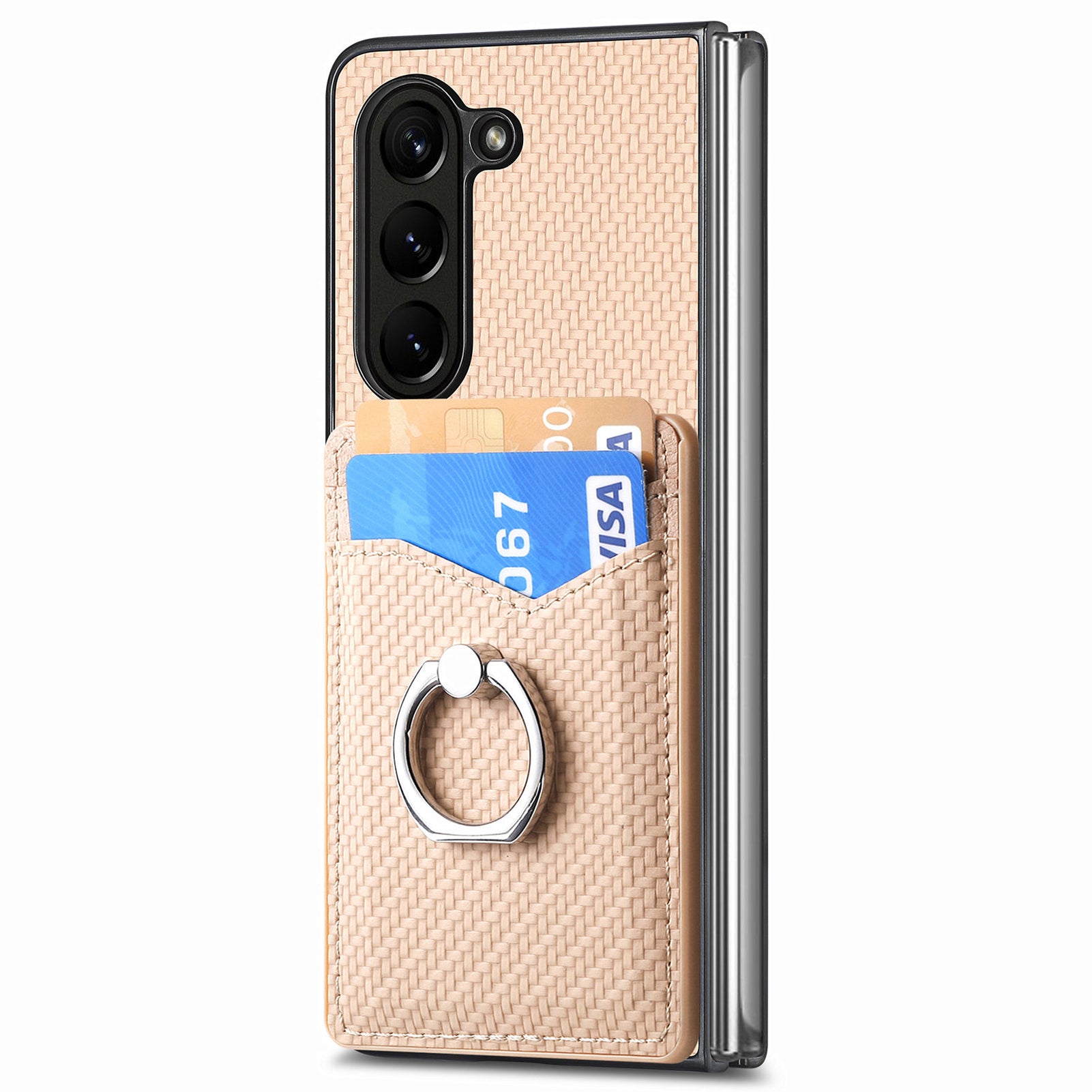 For Samsung Galaxy Z Fold6 5G Case Carbon Fiber Leather Back Cover Ring Holder Kickstand - Khaki