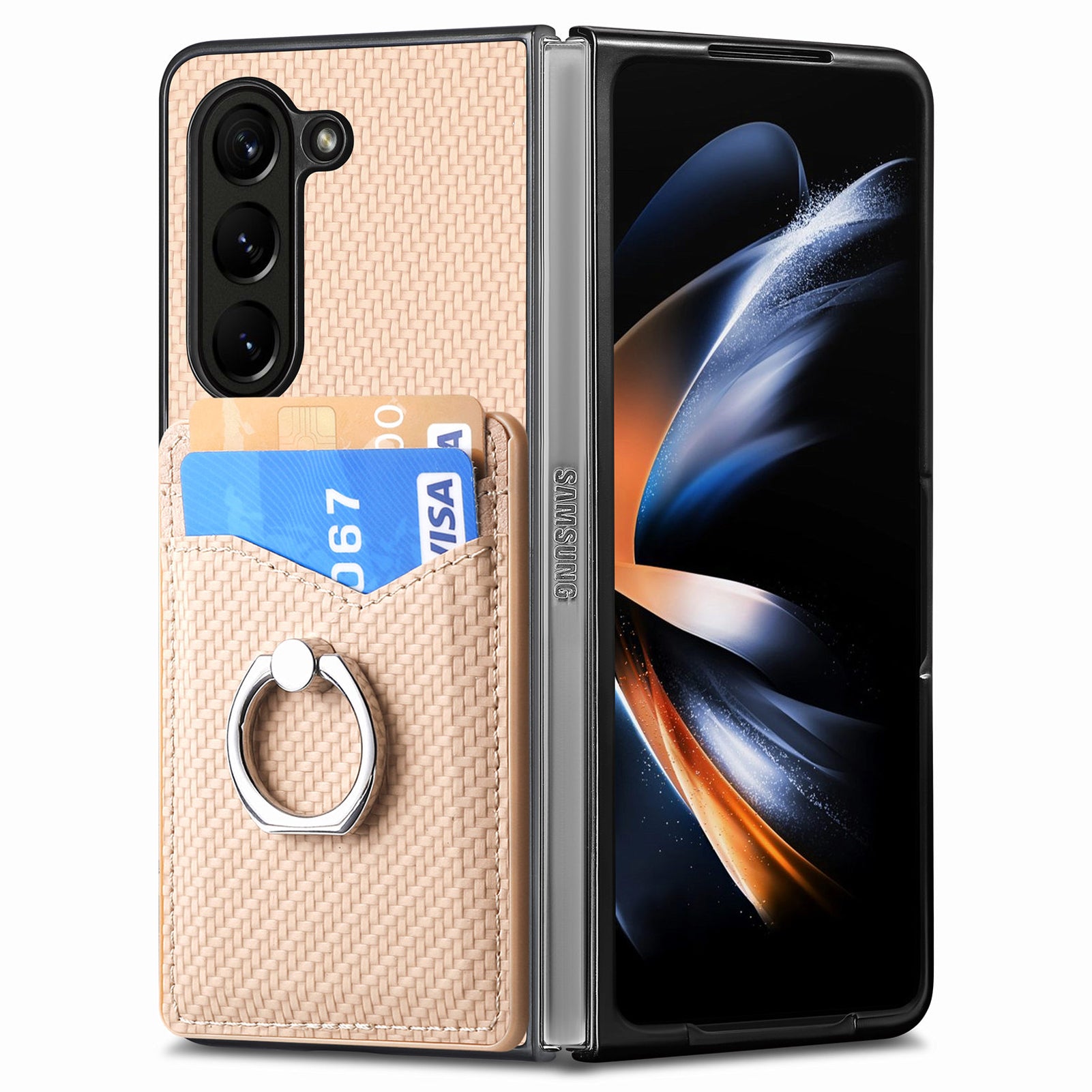 For Samsung Galaxy Z Fold6 5G Case Carbon Fiber Leather Back Cover Ring Holder Kickstand - Khaki
