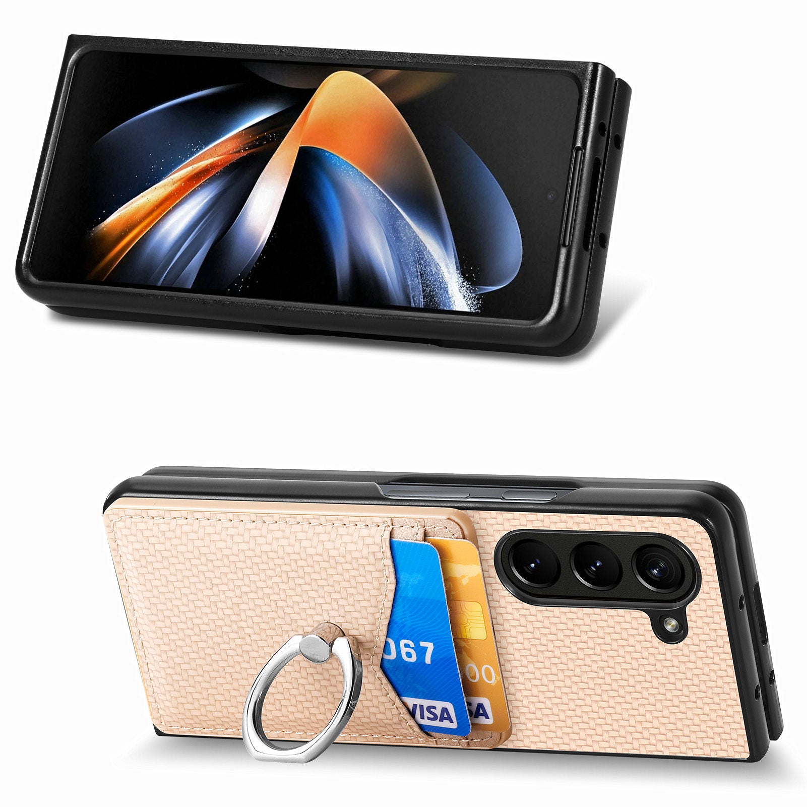 For Samsung Galaxy Z Fold6 5G Case Carbon Fiber Leather Back Cover Ring Holder Kickstand - Khaki