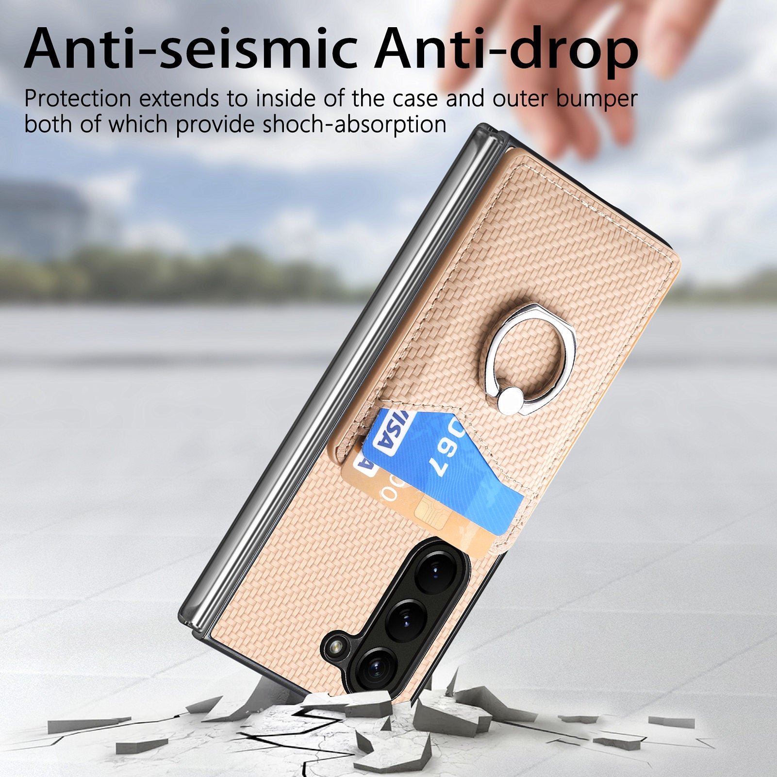For Samsung Galaxy Z Fold6 5G Case Carbon Fiber Leather Back Cover Ring Holder Kickstand - Khaki
