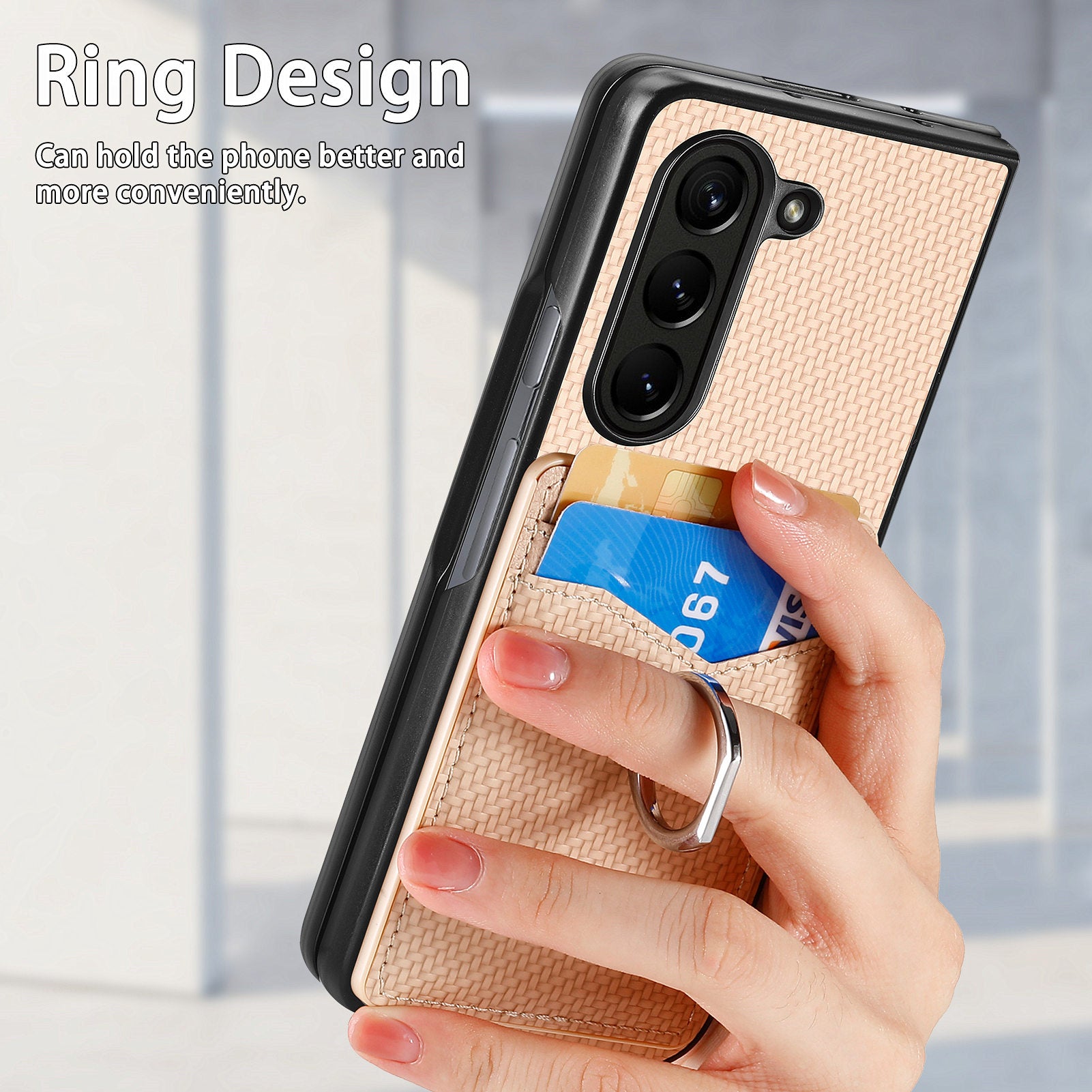For Samsung Galaxy Z Fold6 5G Case Carbon Fiber Leather Back Cover Ring Holder Kickstand - Khaki