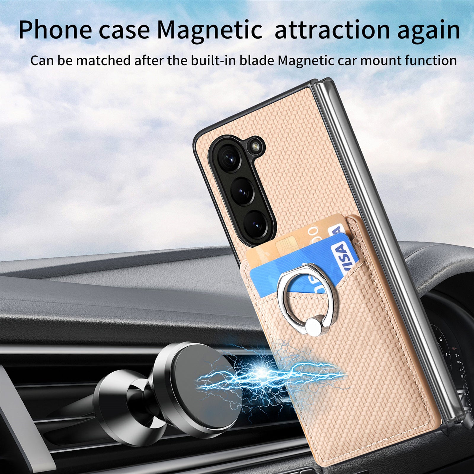 For Samsung Galaxy Z Fold6 5G Case Carbon Fiber Leather Back Cover Ring Holder Kickstand - Khaki