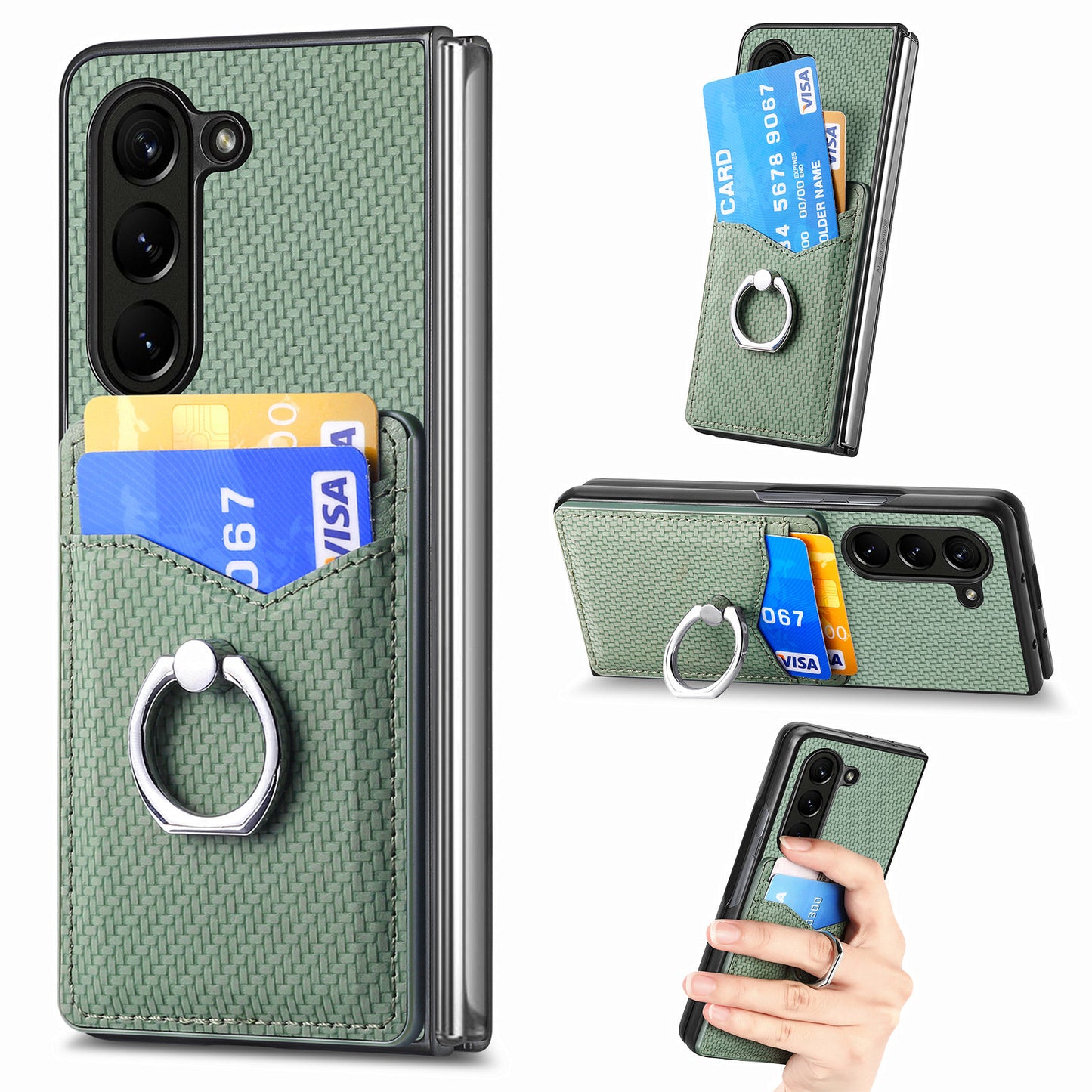 For Samsung Galaxy Z Fold6 5G Case Carbon Fiber Leather Back Cover Ring Holder Kickstand - Green