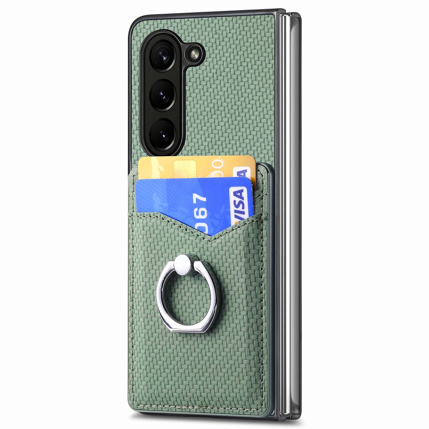 For Samsung Galaxy Z Fold6 5G Case Carbon Fiber Leather Back Cover Ring Holder Kickstand - Green