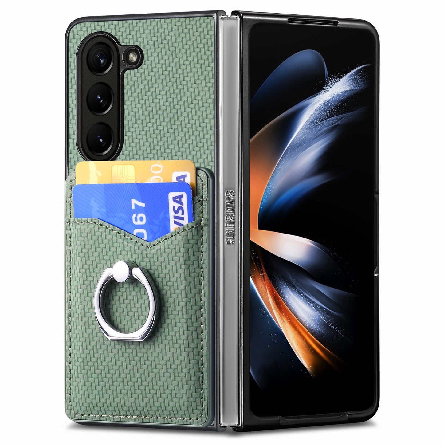 For Samsung Galaxy Z Fold6 5G Case Carbon Fiber Leather Back Cover Ring Holder Kickstand - Green