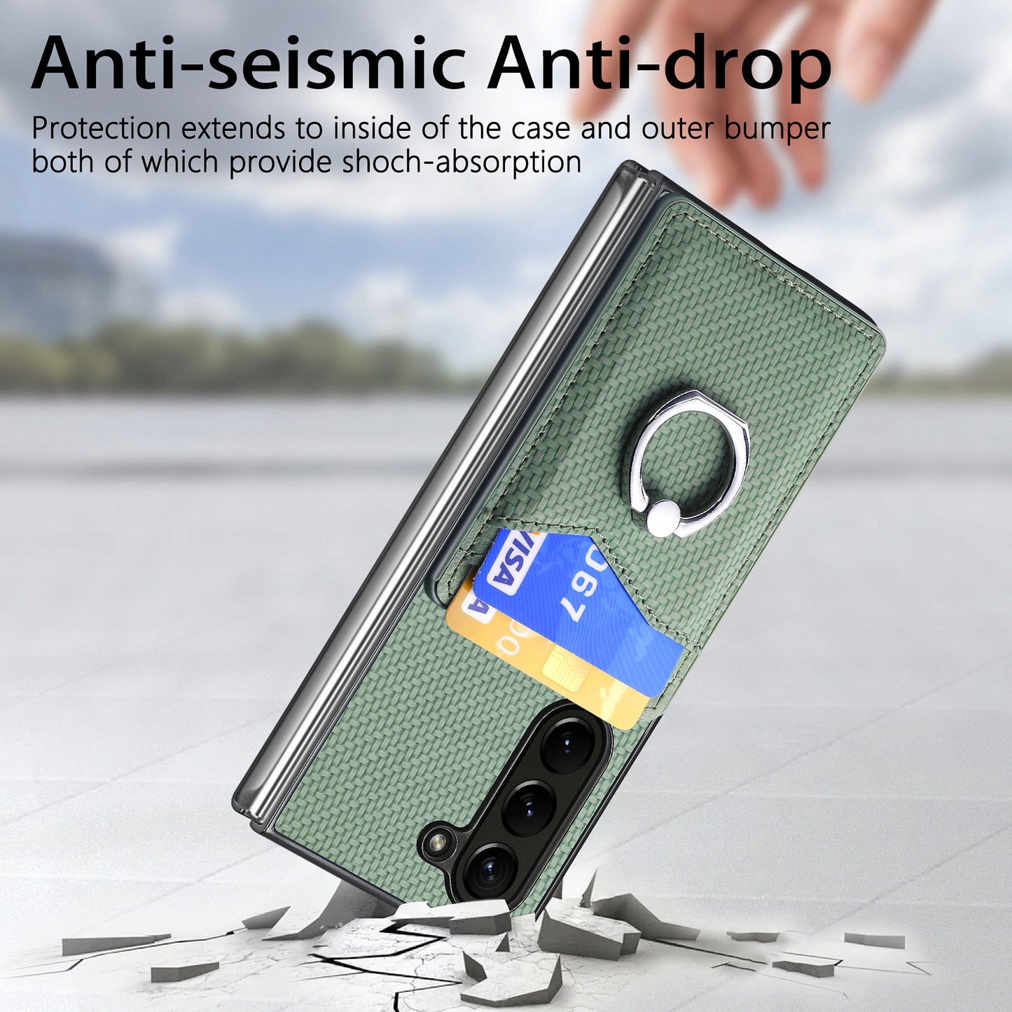 For Samsung Galaxy Z Fold6 5G Case Carbon Fiber Leather Back Cover Ring Holder Kickstand - Green