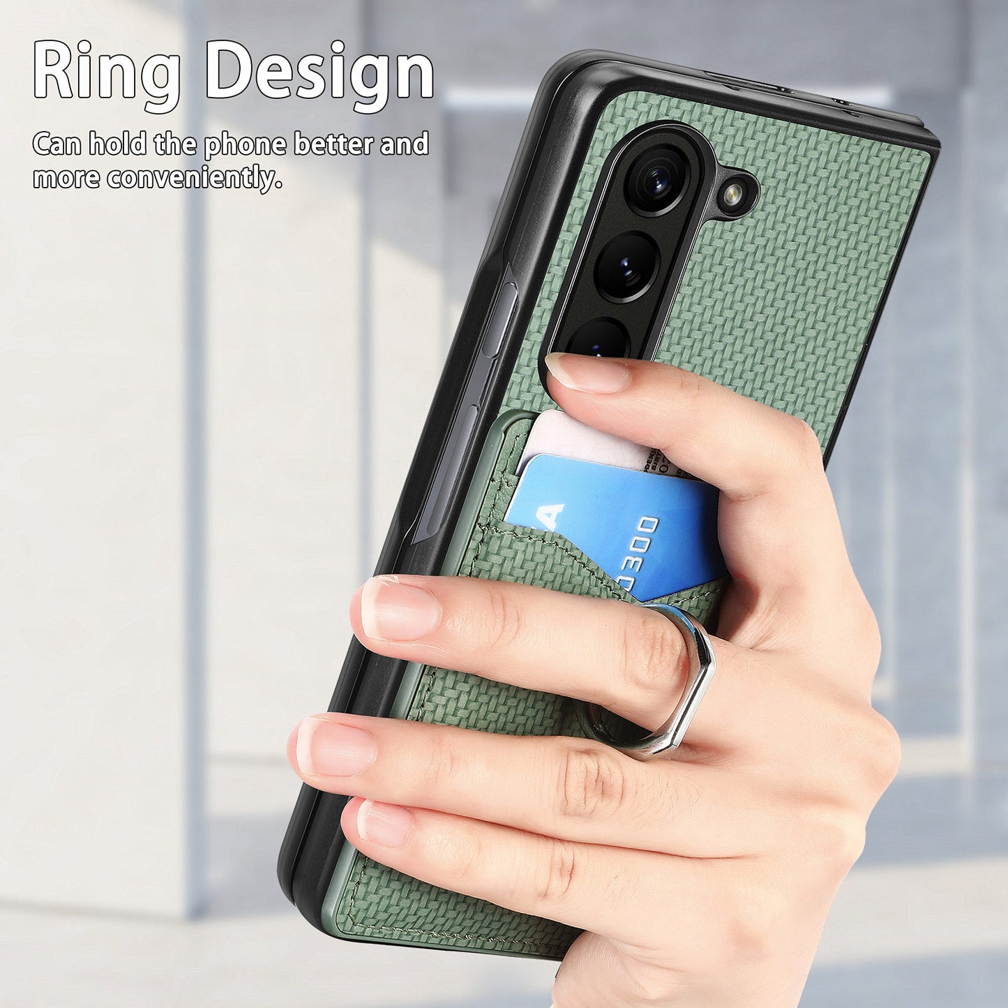 For Samsung Galaxy Z Fold6 5G Case Carbon Fiber Leather Back Cover Ring Holder Kickstand - Green